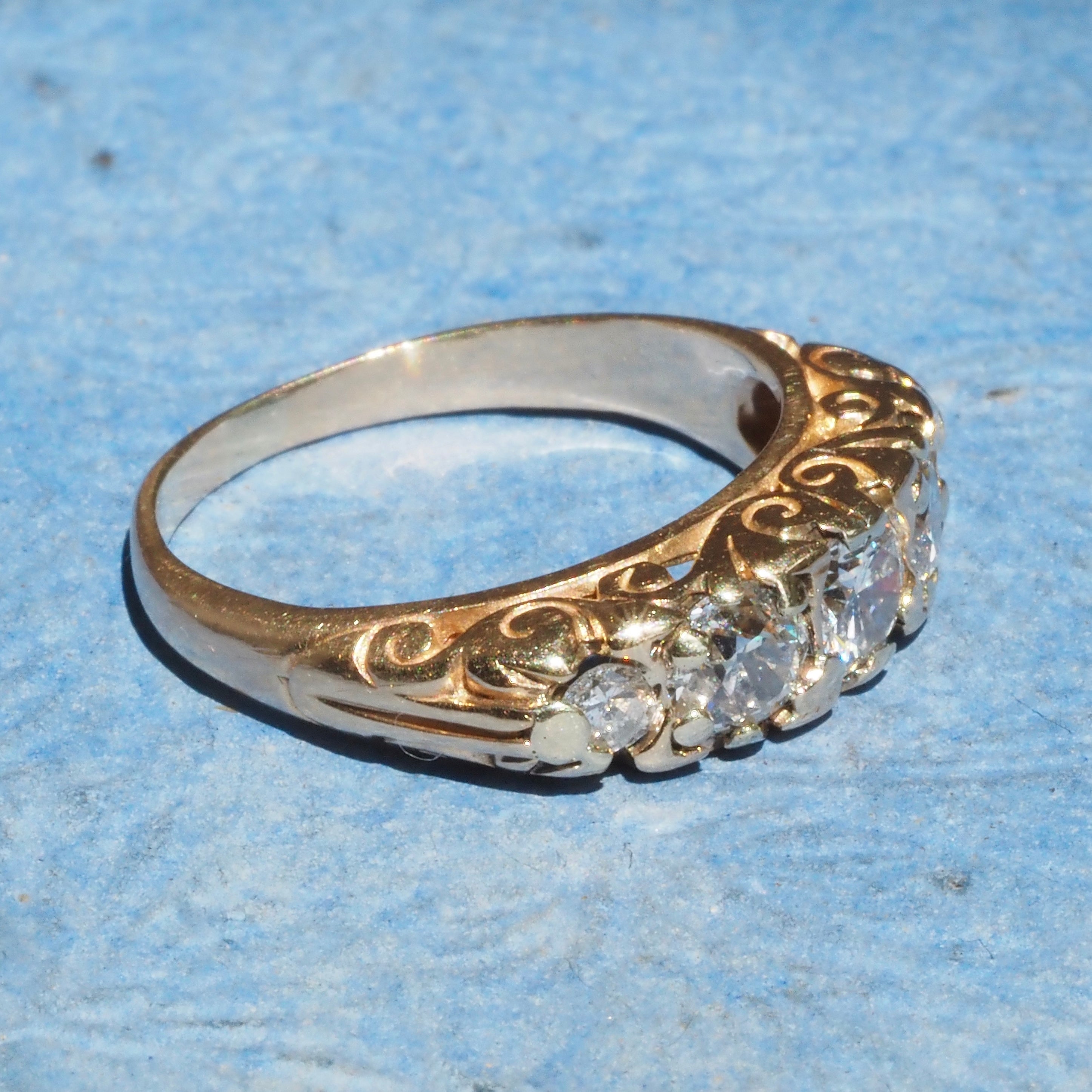 Antique Five Stone Diamond 14k Gold Half Hoop Ring