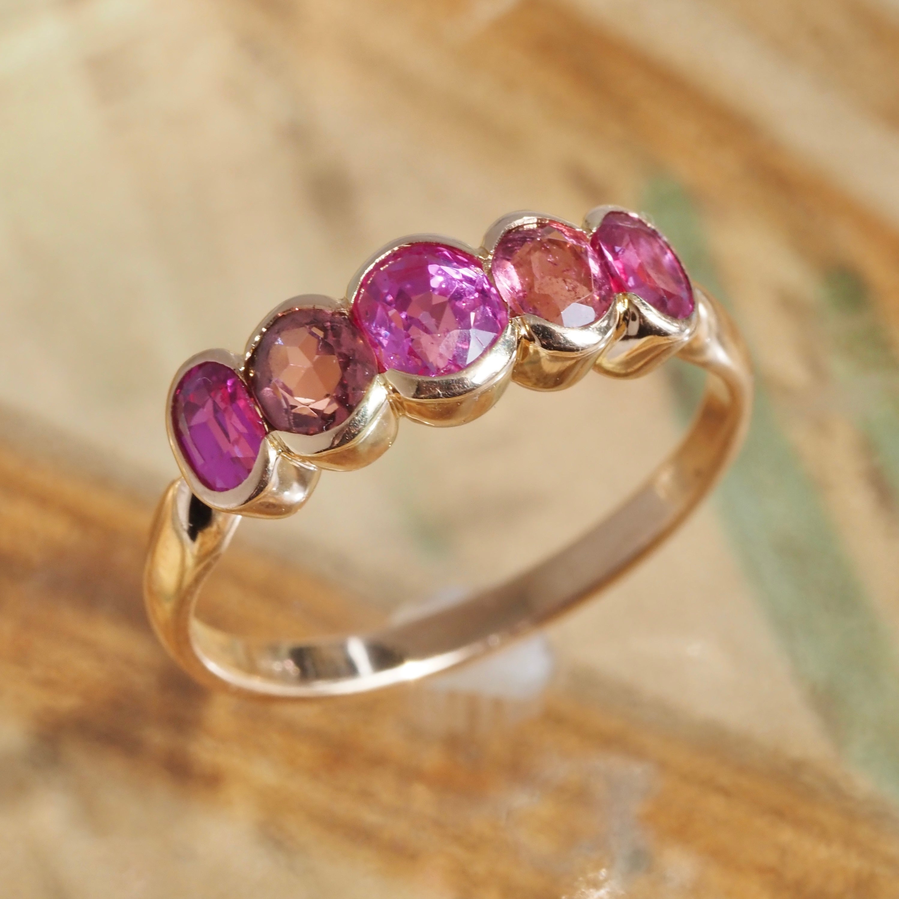 Vintage Natural Pink Sapphire & Tourmaline 18k Gold Ring