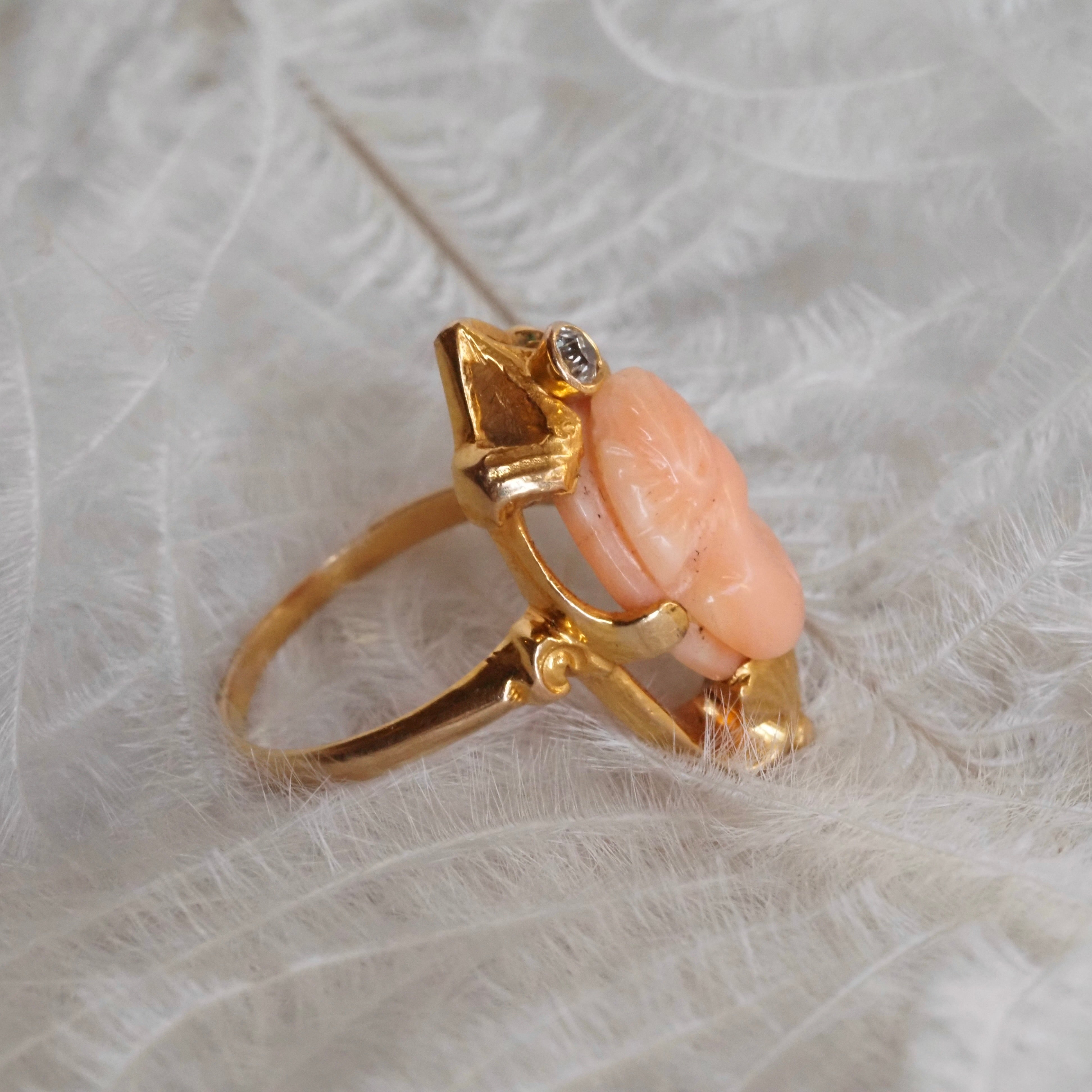 Antique Art Nouveau Bloomed 14k Gold Coral Cameo and Diamond Ring