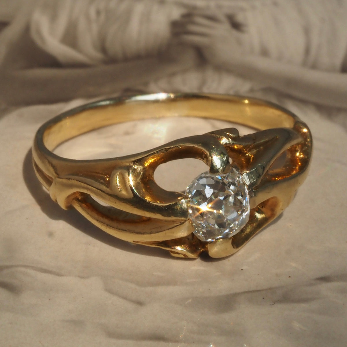 Antique French Art Nouveau Old Mine Cut Diamond 18k Gold Belcher Engagement Ring