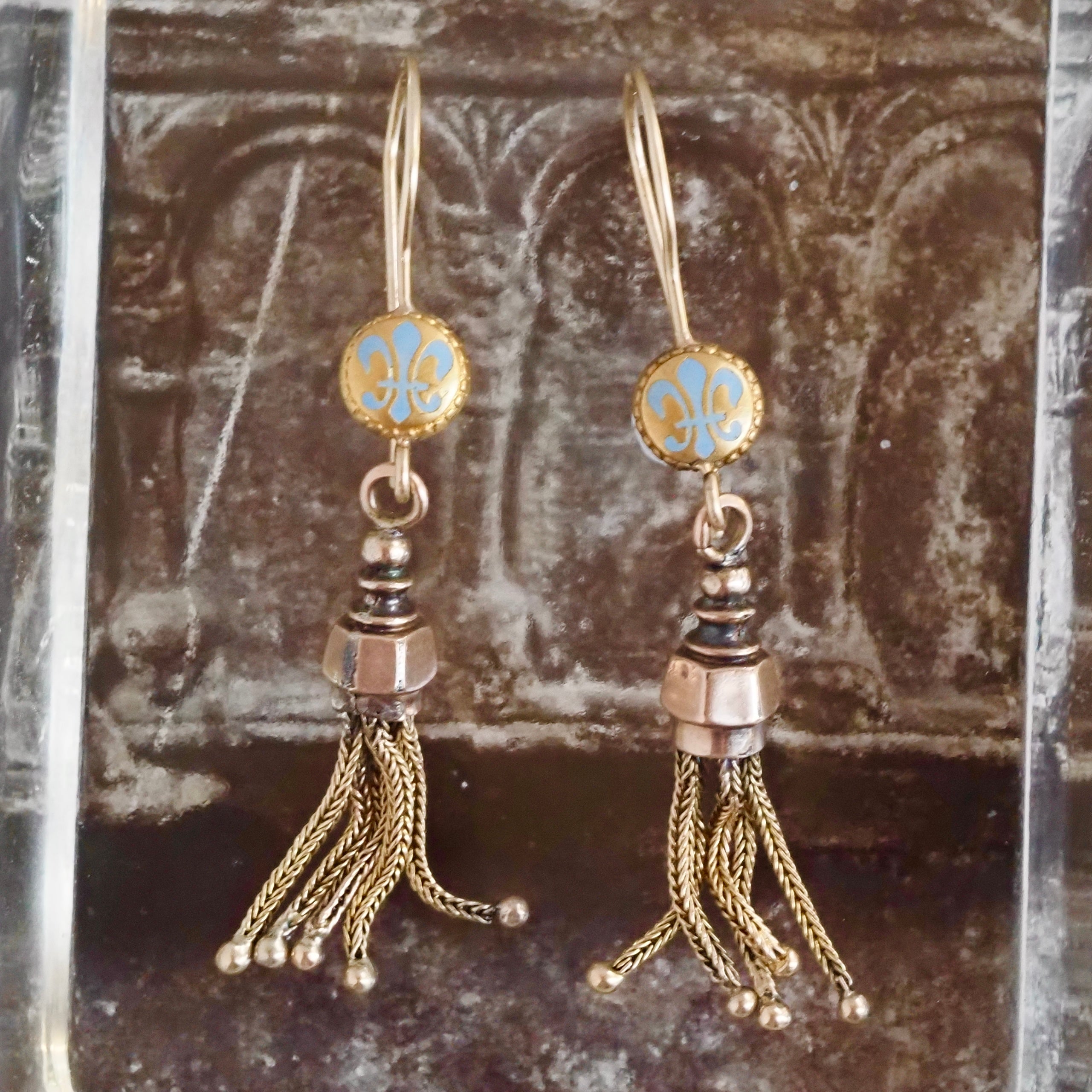 Antique Victorian 14k and 18k Gold Enamel Fleur de Lis Tassel Earrings