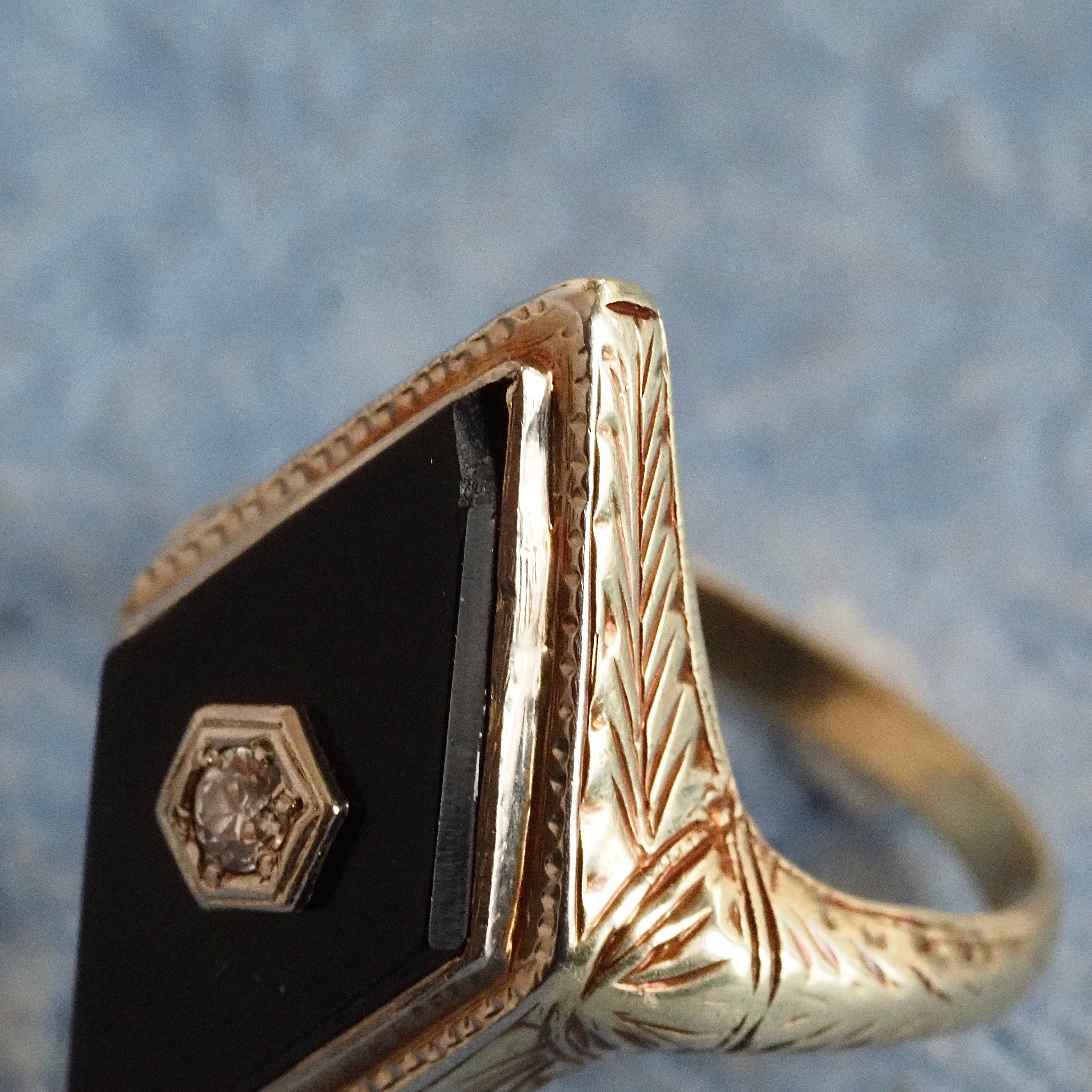 Art Deco Onyx Diamond 14k White Gold Ring