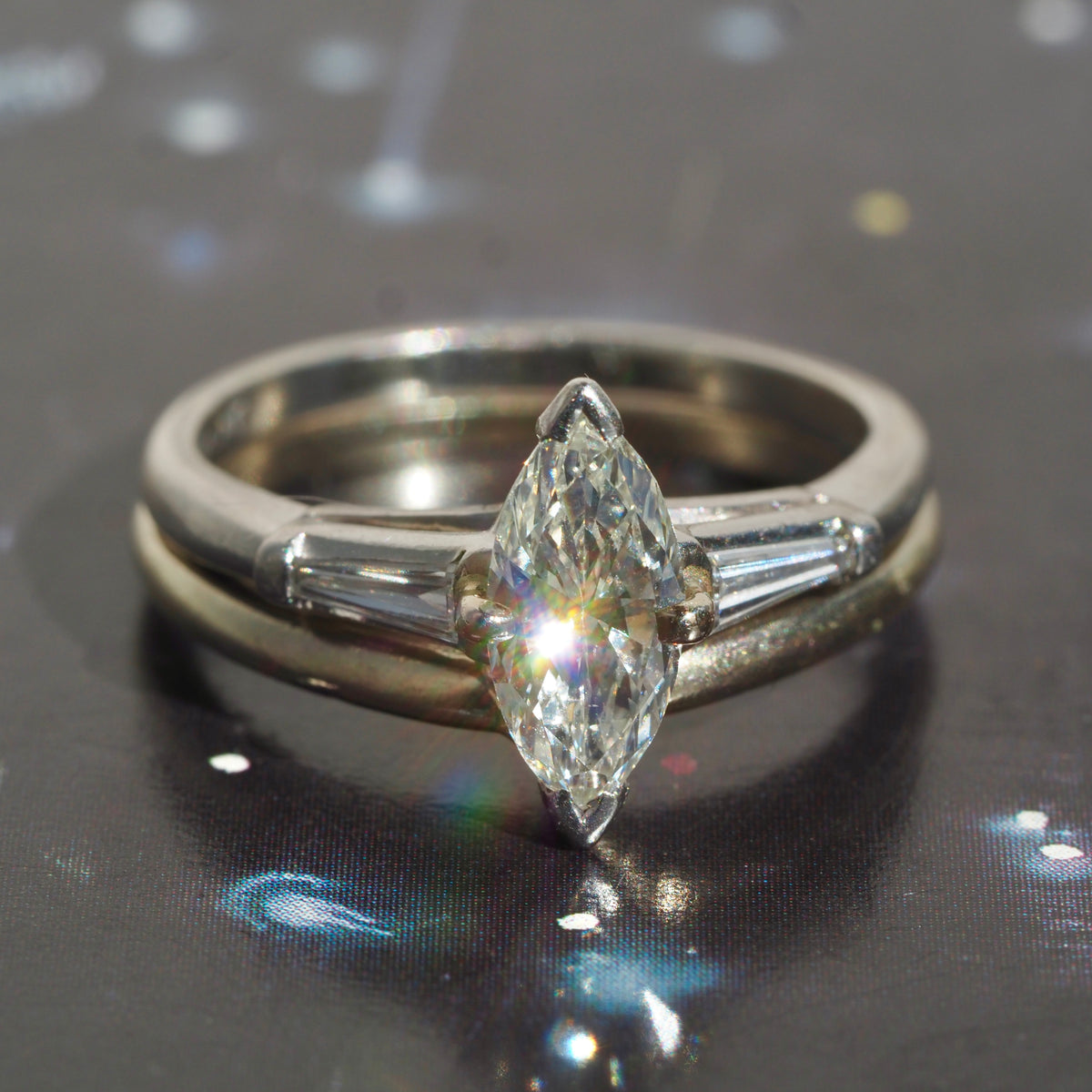 Vintage Marquise and Baguette Diamond Platinum Engagement Ring with 14k White Gold Wedding Band
