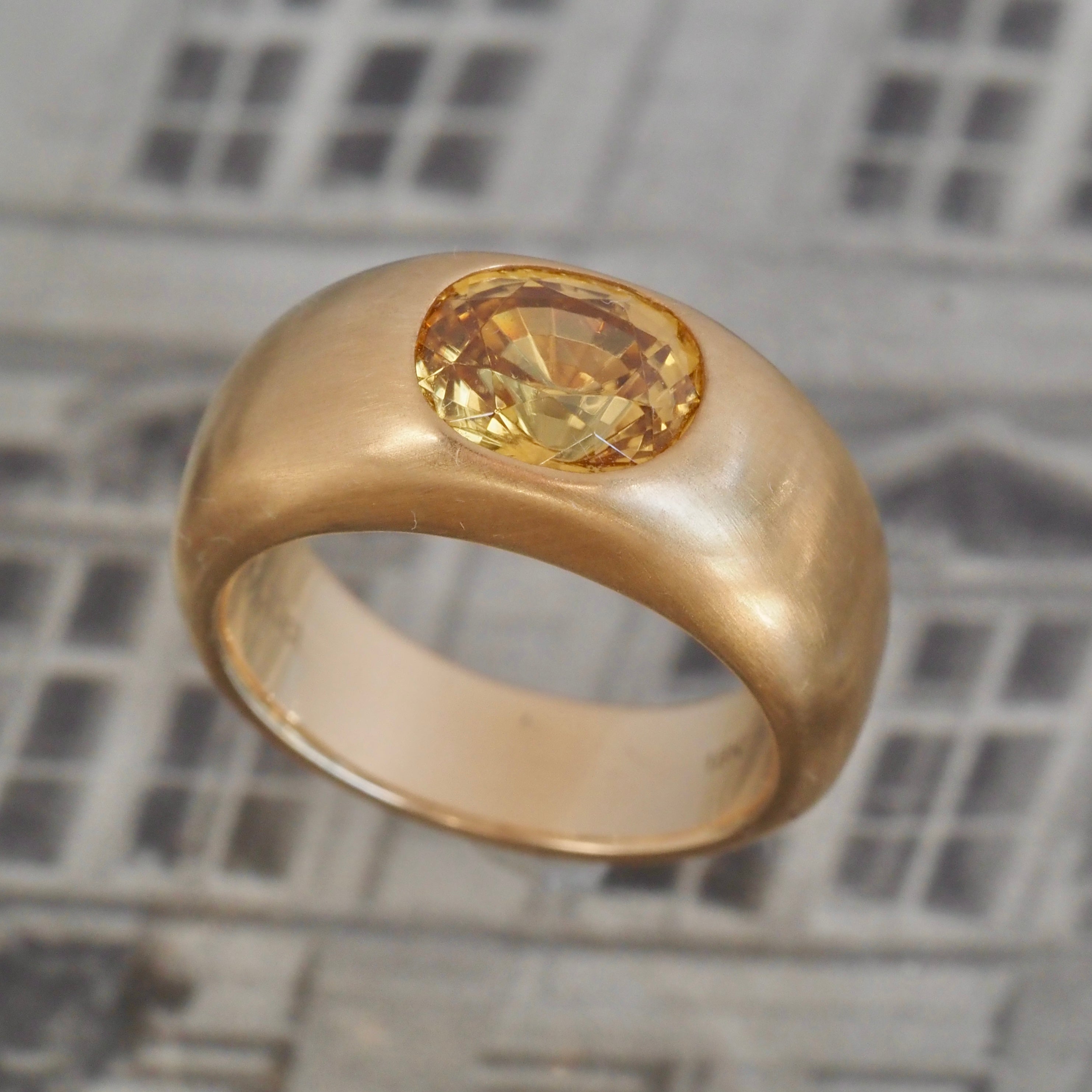 Natural Yellow Zircon Flush Set Brushed 18k Gold Dome Ring