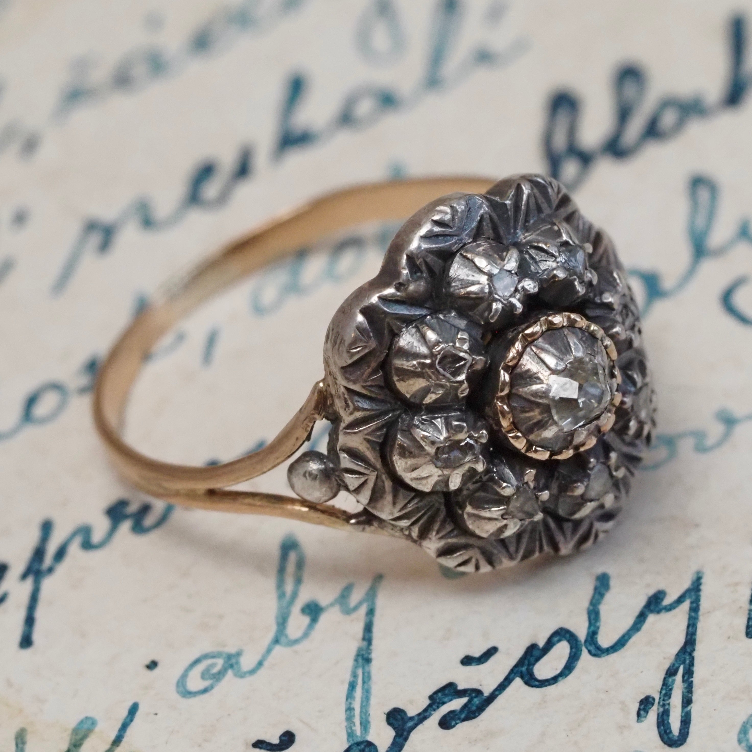 Antique Portuguese Rose Cut Diamond Cluster 19k Gold & Silver Ring