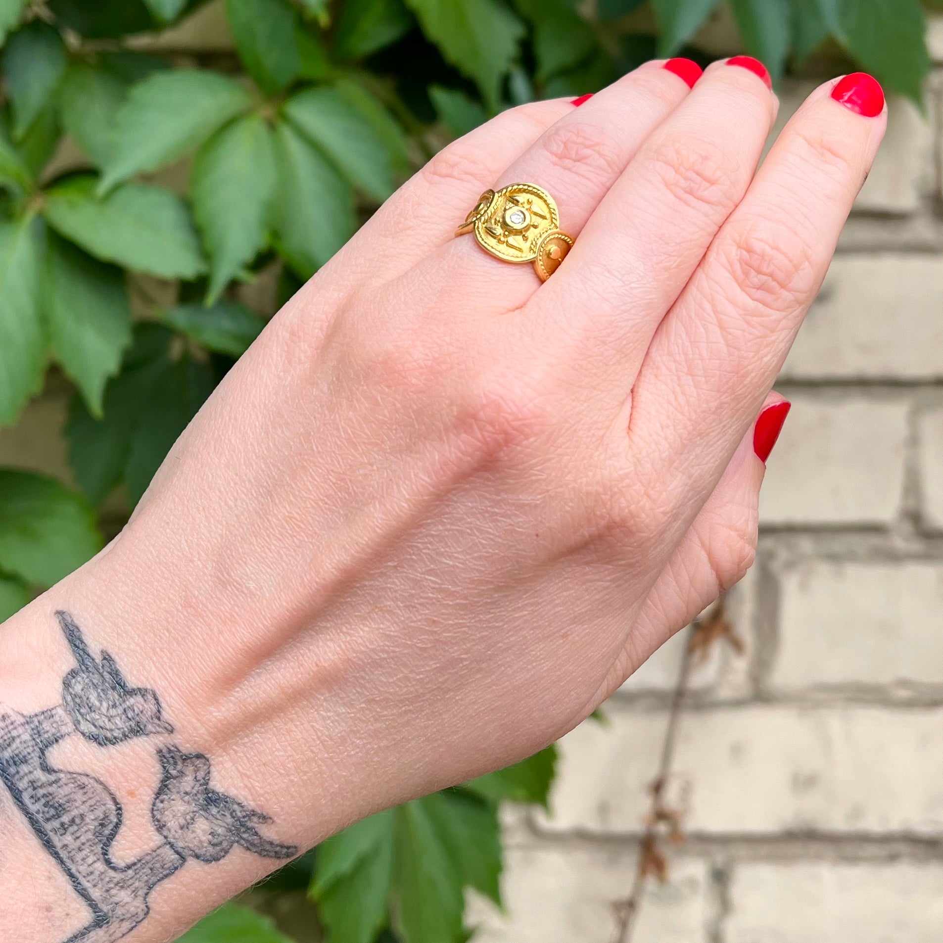 Vintage Portuguese 19k Gold and Bezel Set Diamond Ornate Ring