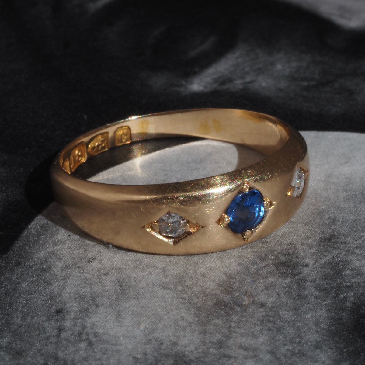 Antique English c. 1886 Sapphire and Diamond Flush Set Trilogy Ring
