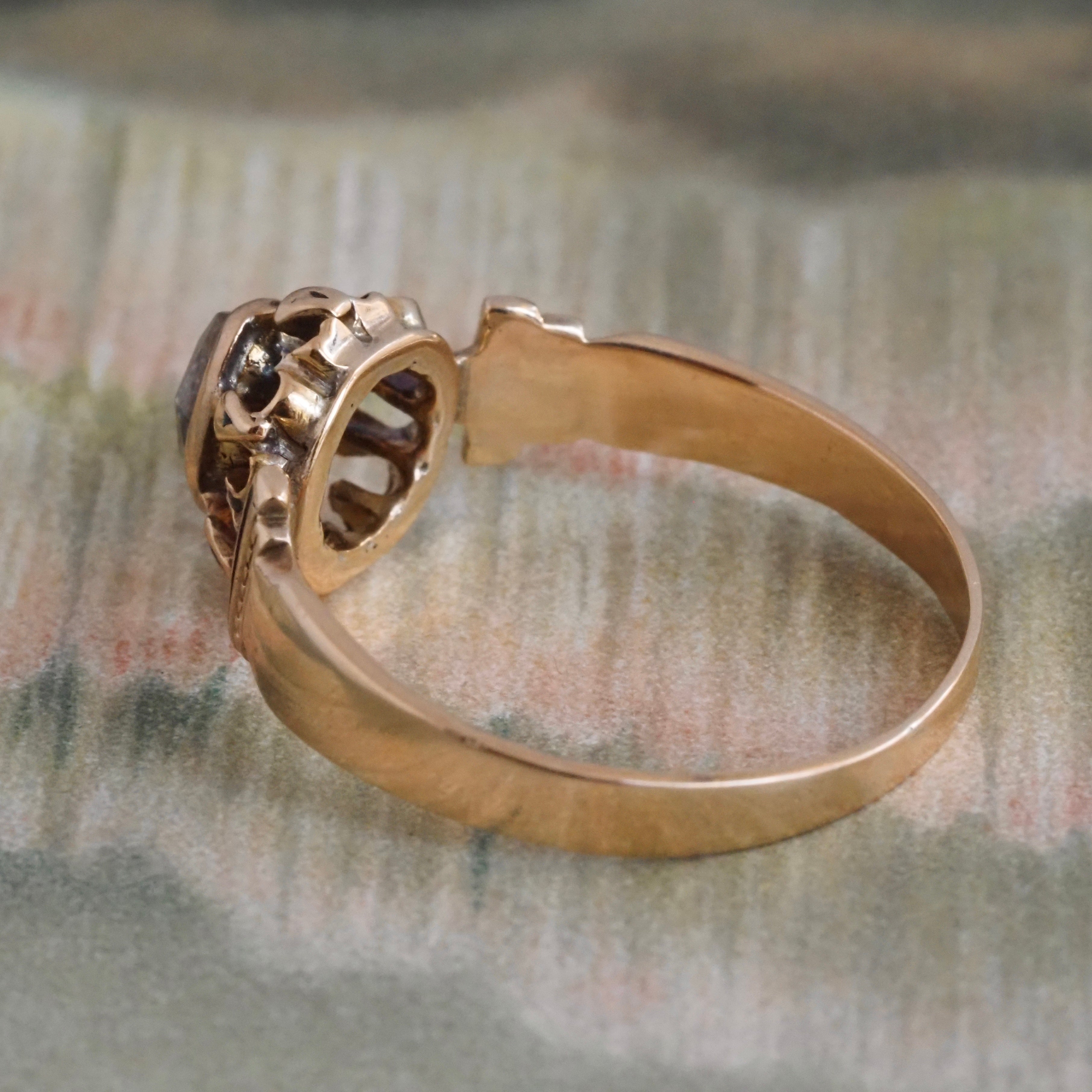 Antique Victorian Foil Backed Pear Rose Cut Diamond Black Enamel 14k Gold Ring