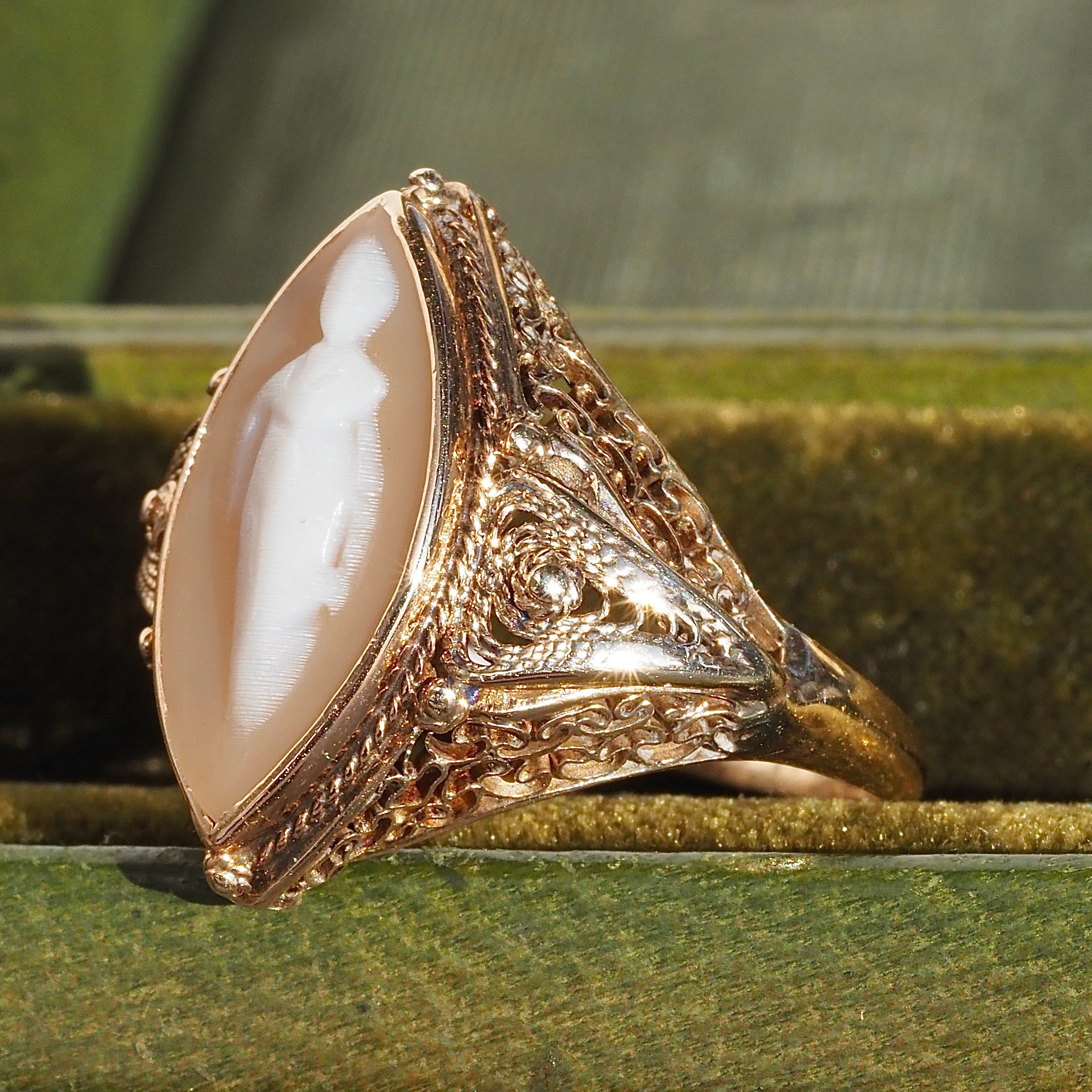 Antique Victorian Coral "Woman of the Mist" Cameo 10k Ring