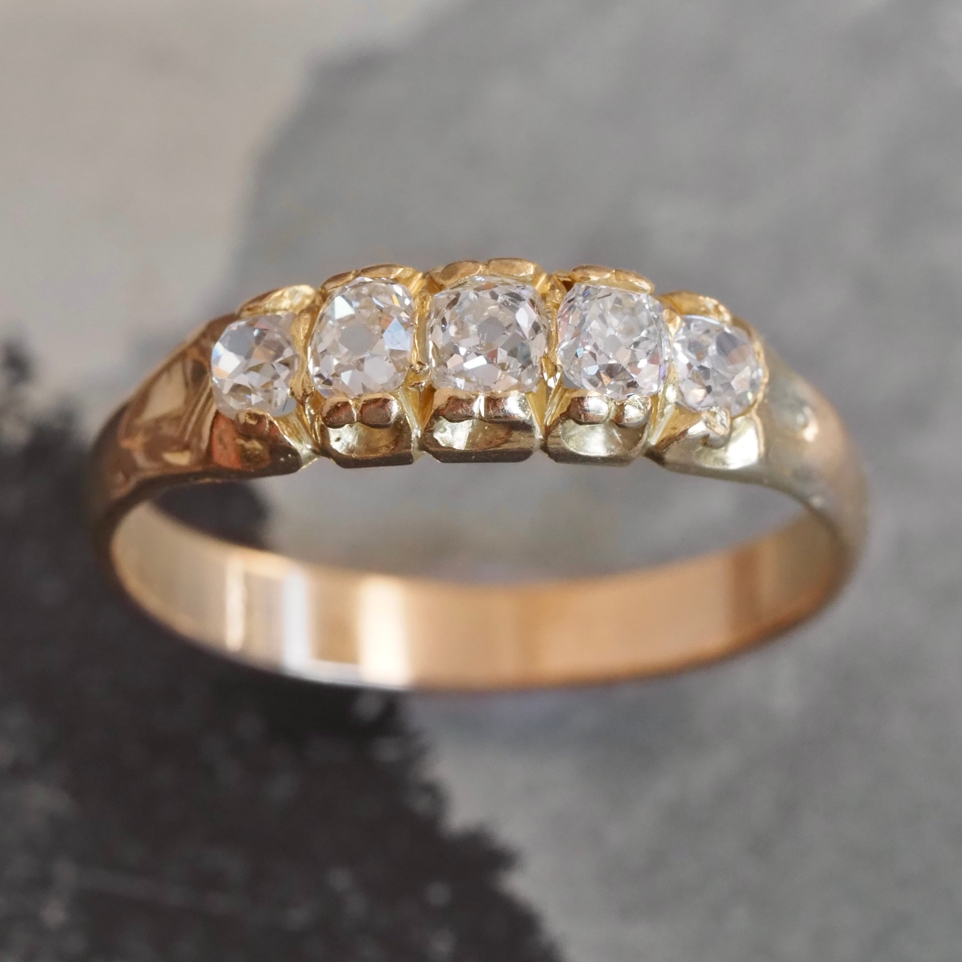 Antique Victorian 18k Gold Old Mine Cut and Single Cut Five Stone Half Hoop Diamond Ring
