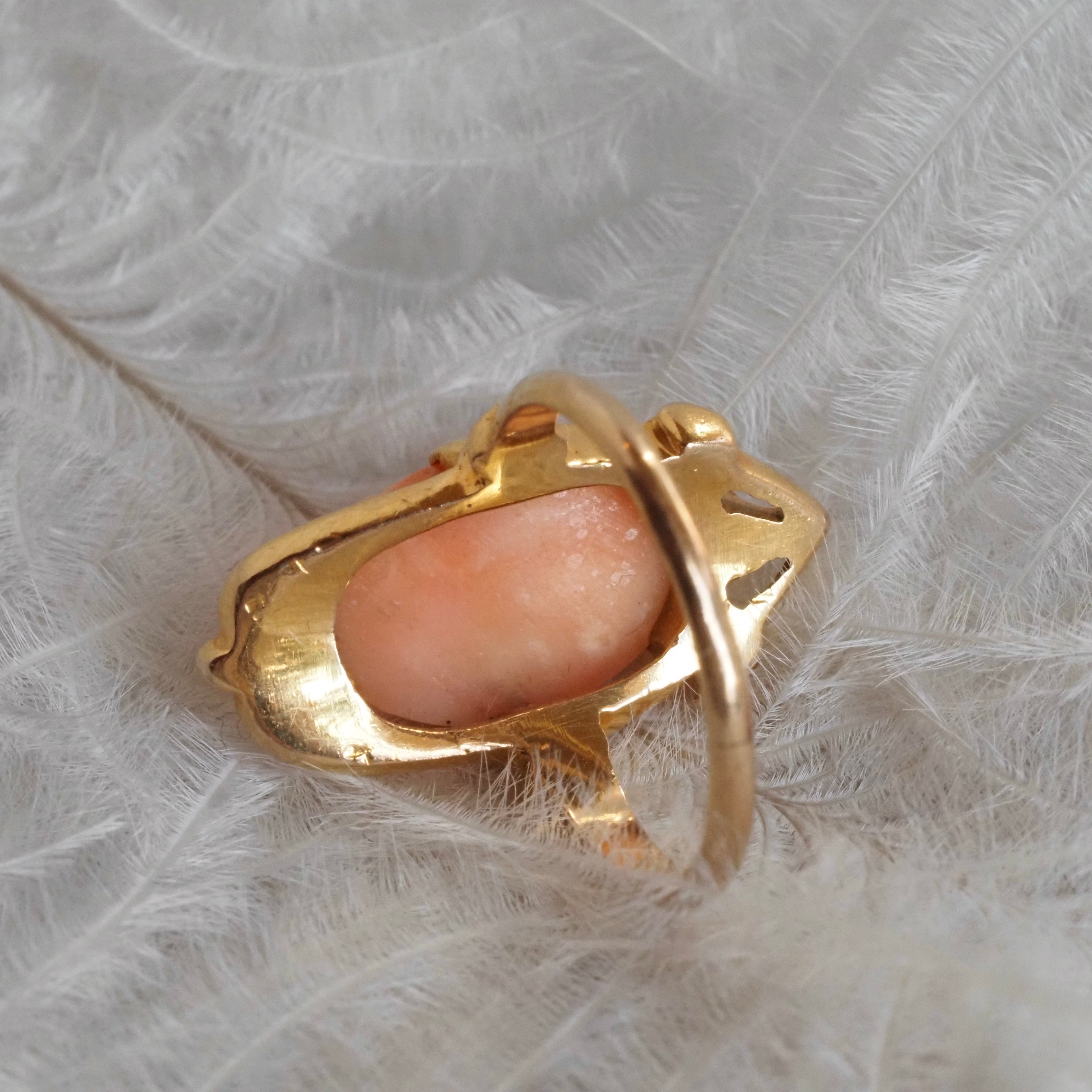 Antique Art Nouveau Bloomed 14k Gold Coral Cameo and Diamond Ring