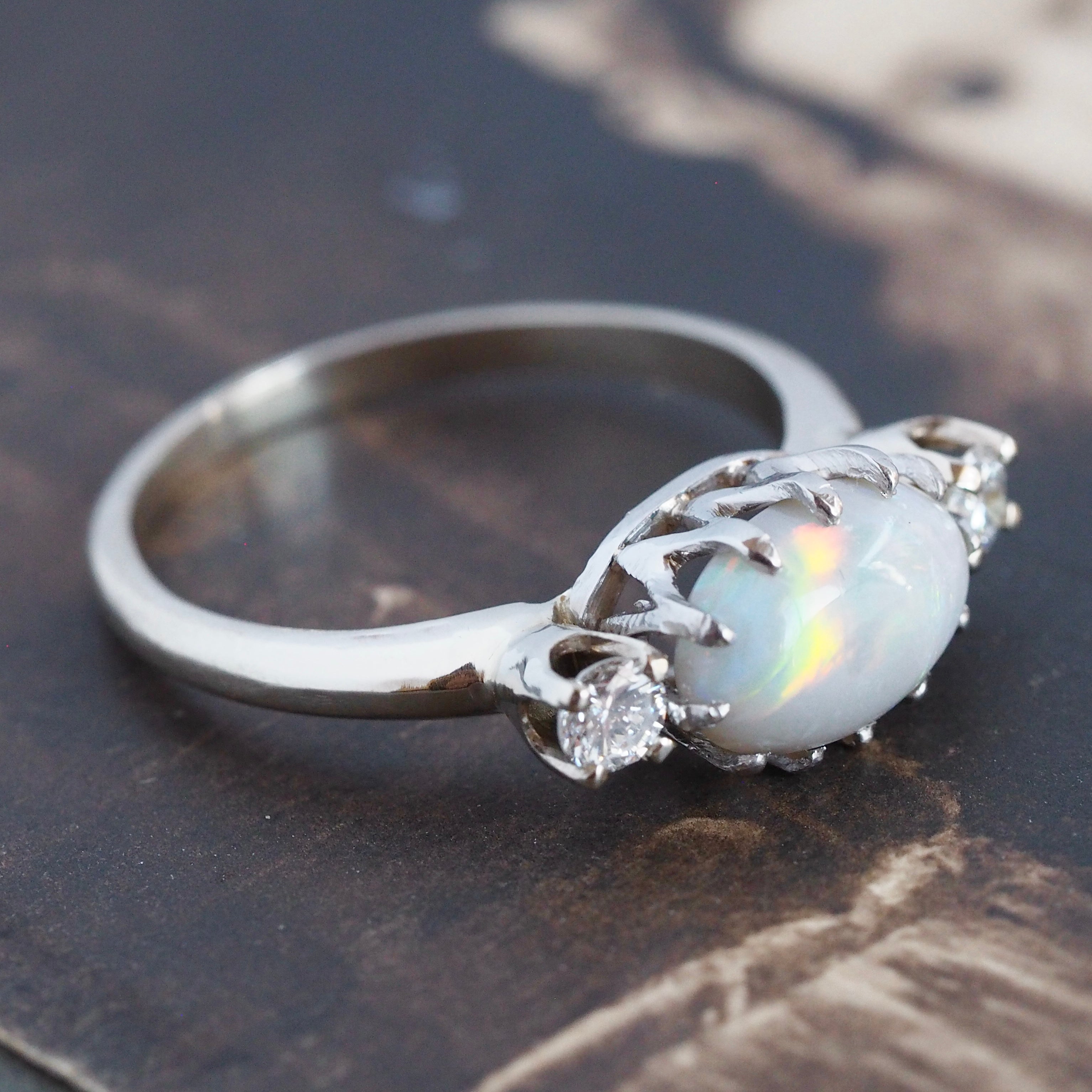 Vintage 14k White Gold Opal and Diamond Ring