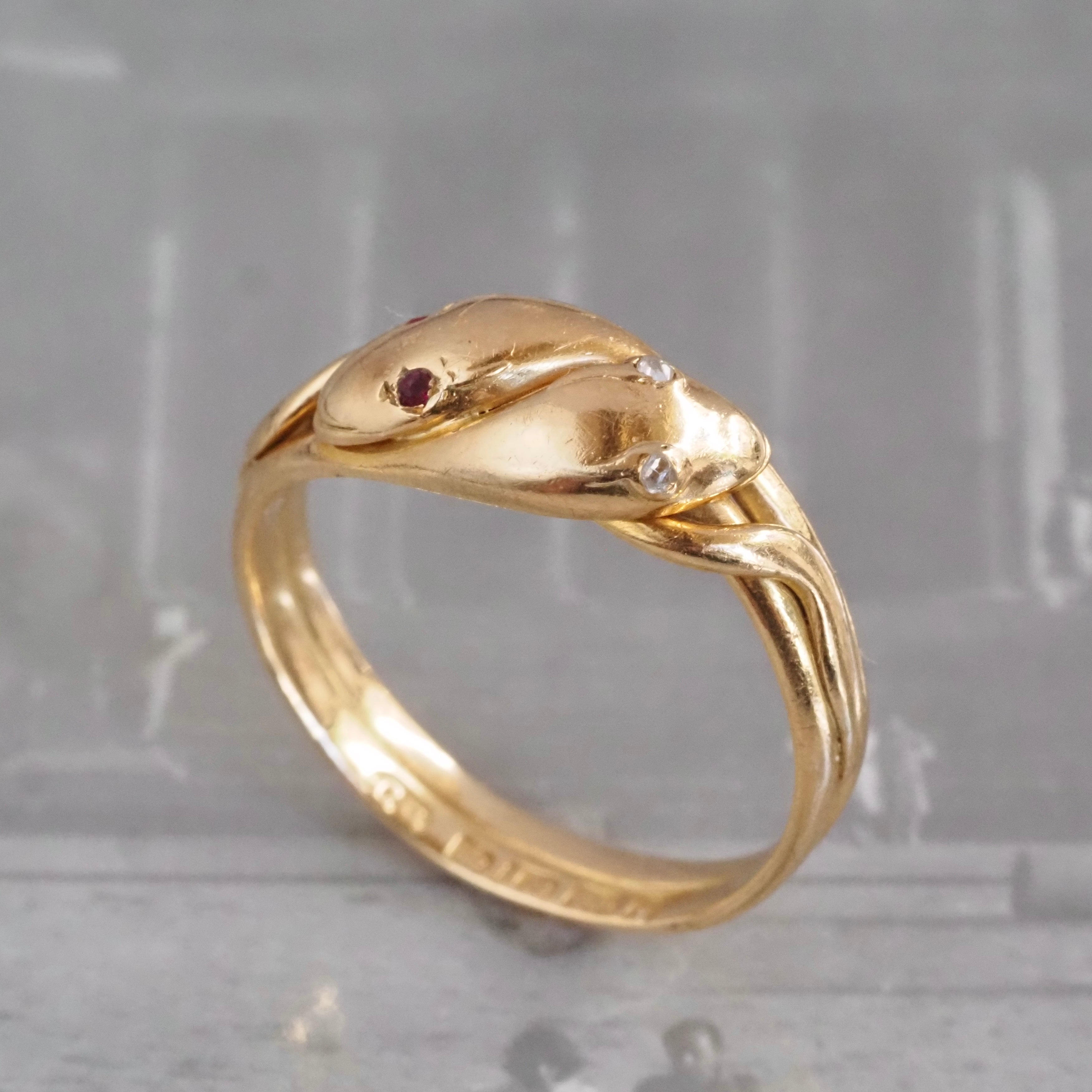 Antique c. 1891 English Double Snake Ruby and Diamond 18k Gold Ring