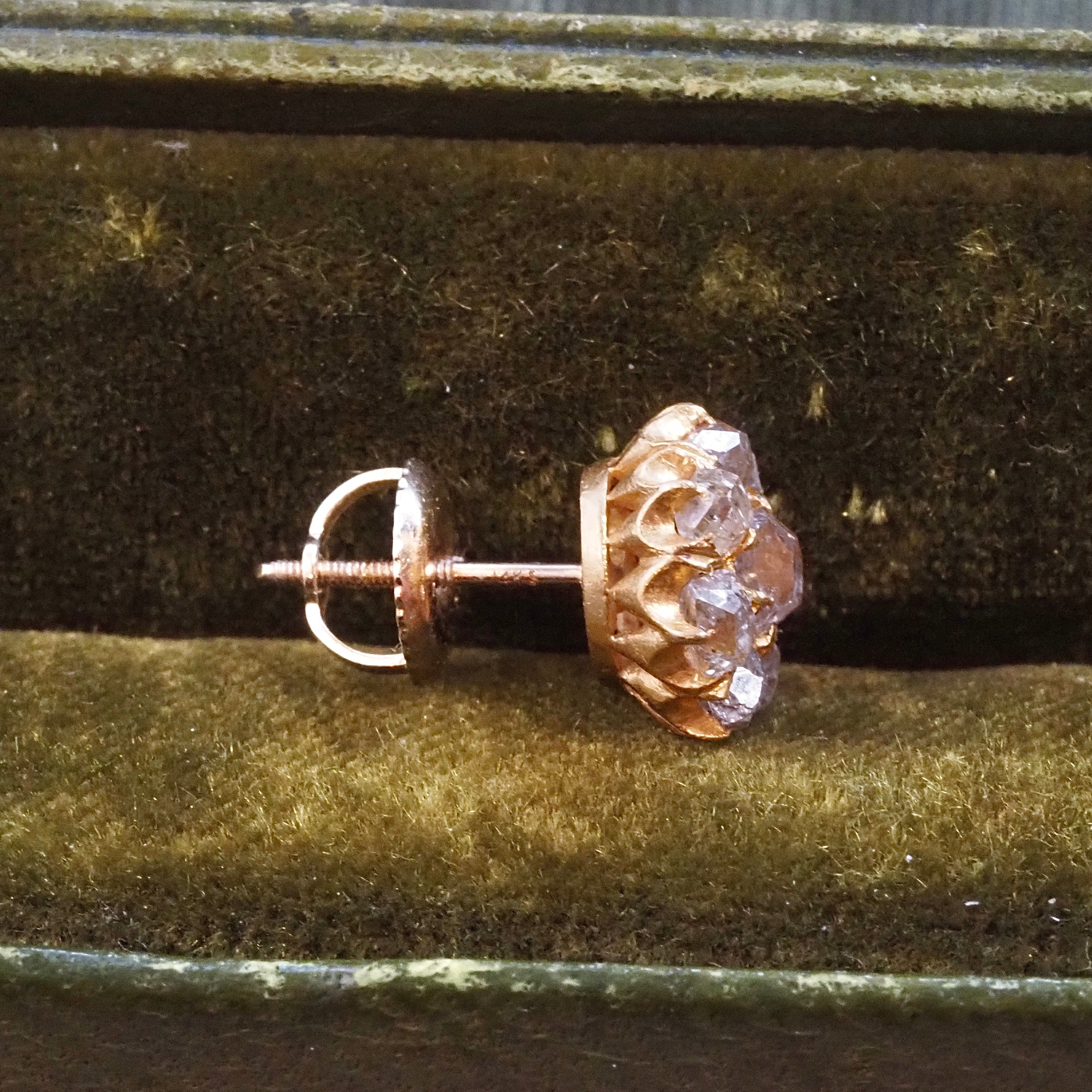 Antique Victorian 22k Gold Old Mine Cut Diamond Cluster Threaded Post Earrings