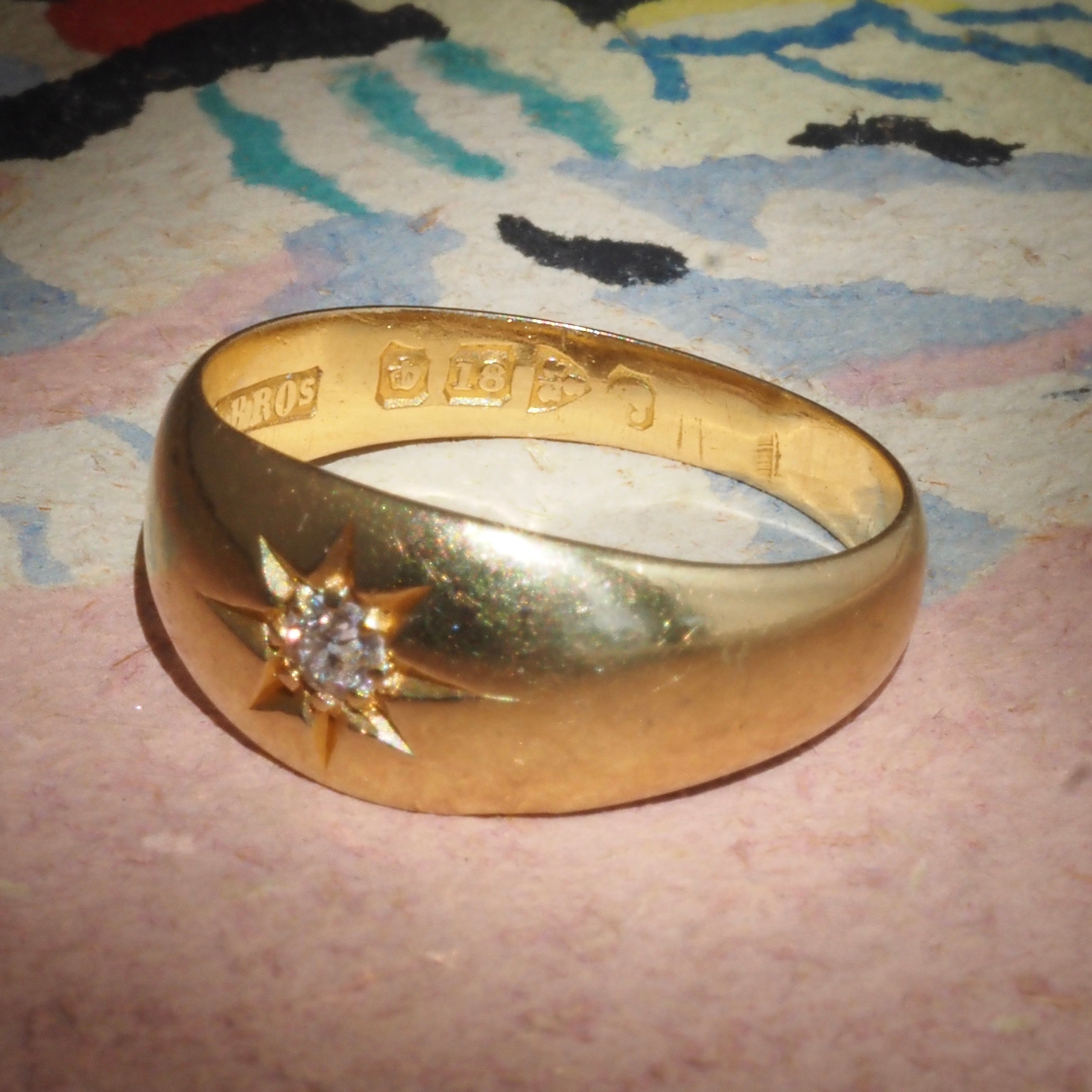 Antique English Old Mine Cut Diamond Flush Set Starburst 18k Gold Ring