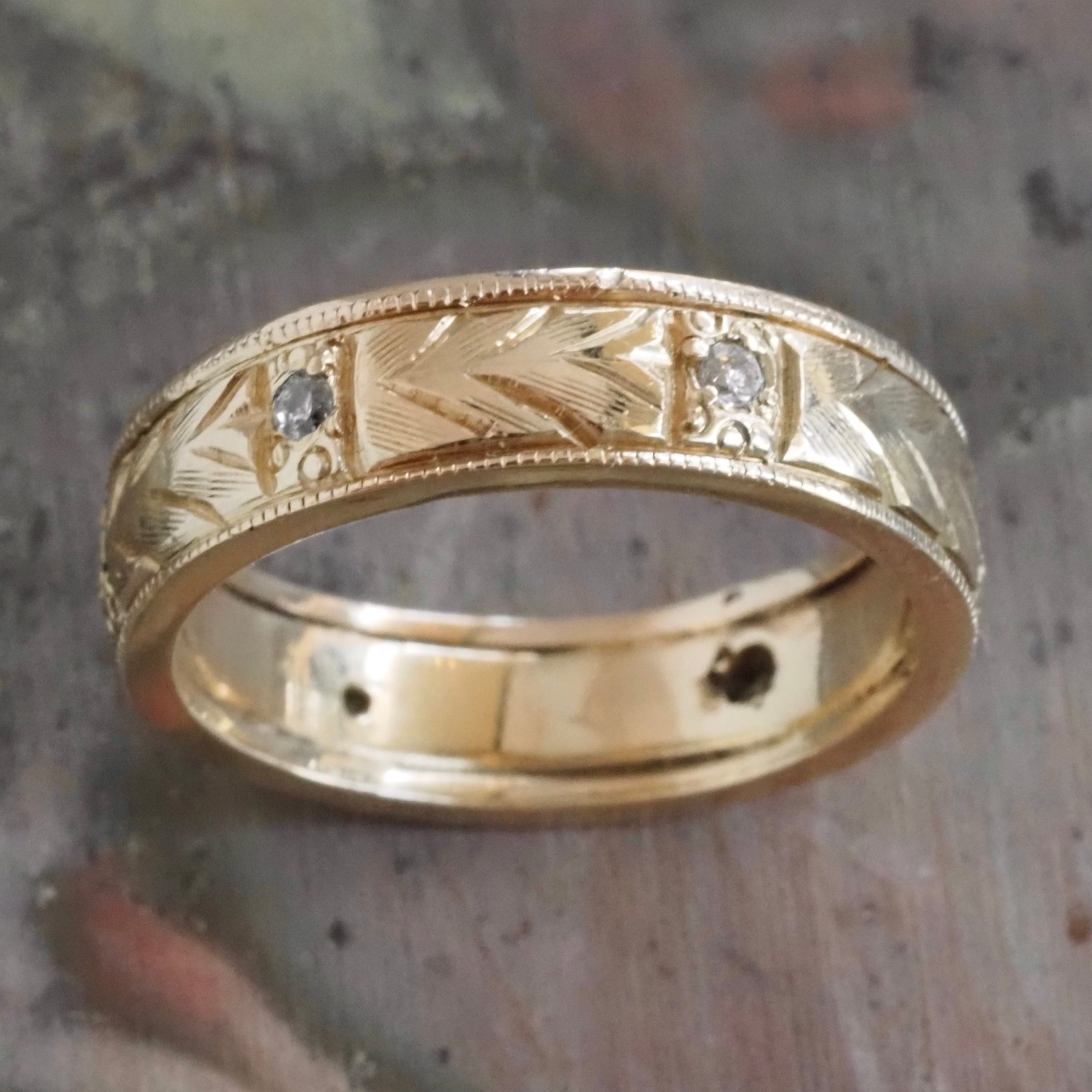 Vintage Diamond 14k Gold Engraved Band