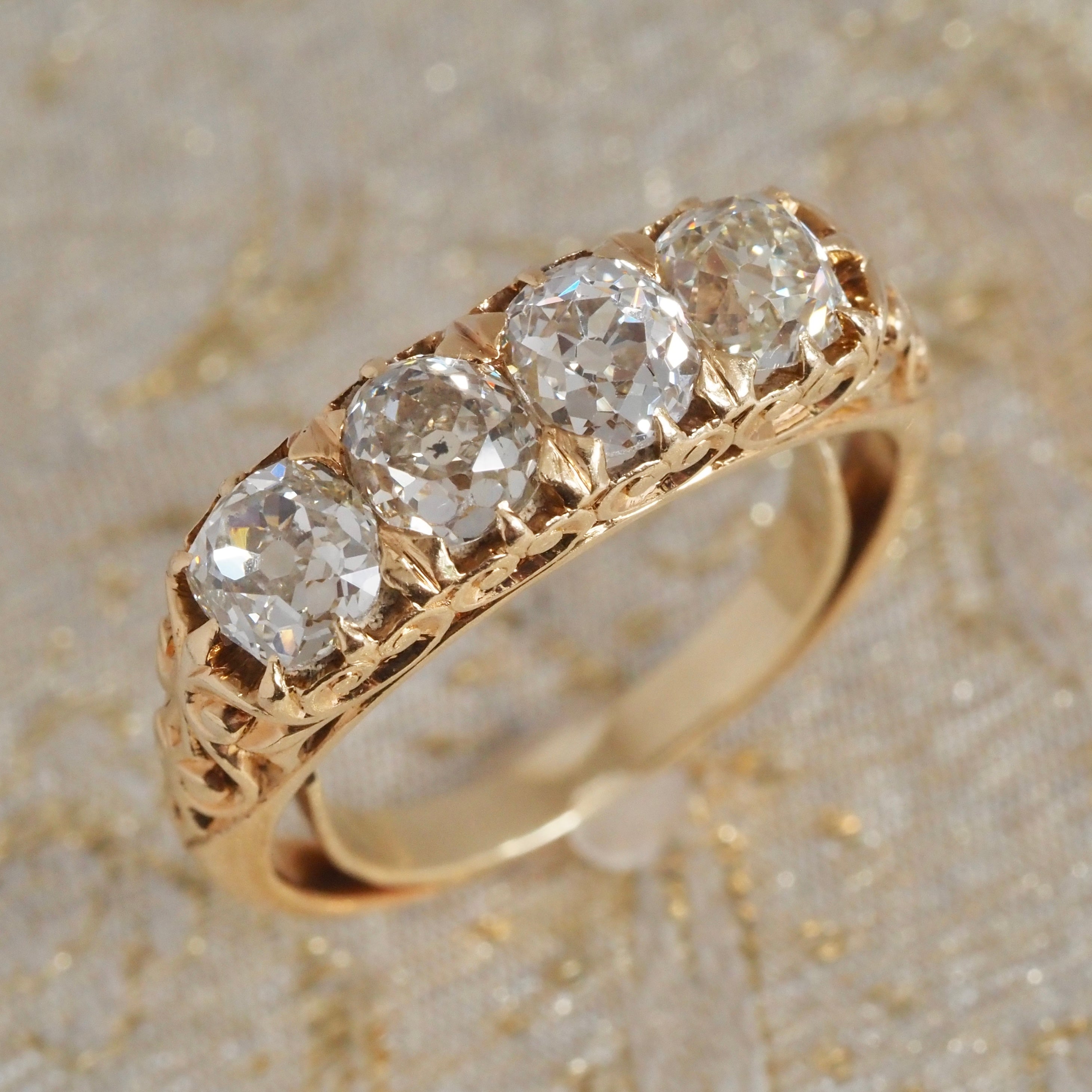 Antique Old Mine Cut Diamond 18k Gold Half Hoop Engagement Ring