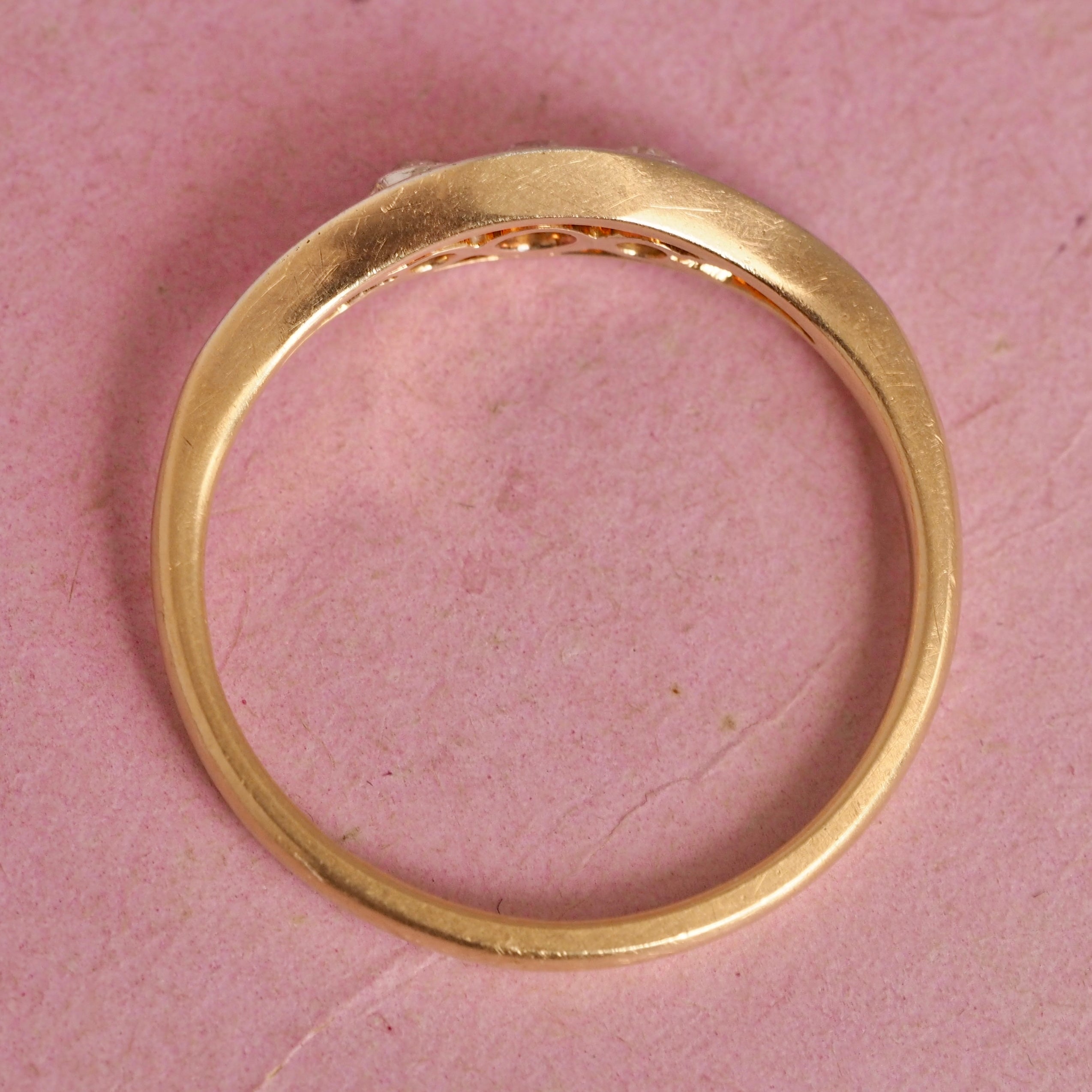 Late Art Deco English 18k Gold and Platinum Old Mine Cut Diamond Trilogy Ring