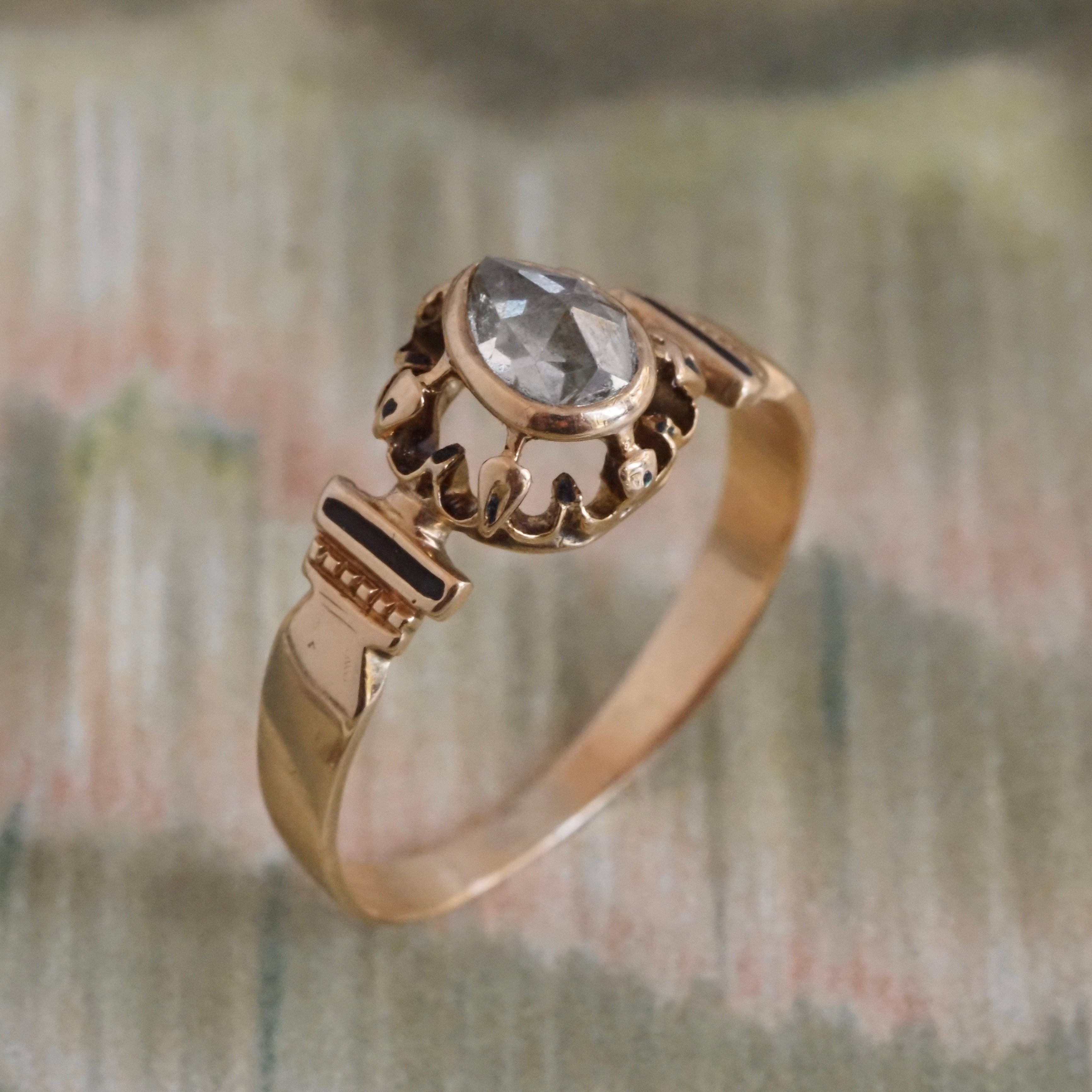 Antique Victorian Foil Backed Pear Rose Cut Diamond Black Enamel 14k Gold Ring