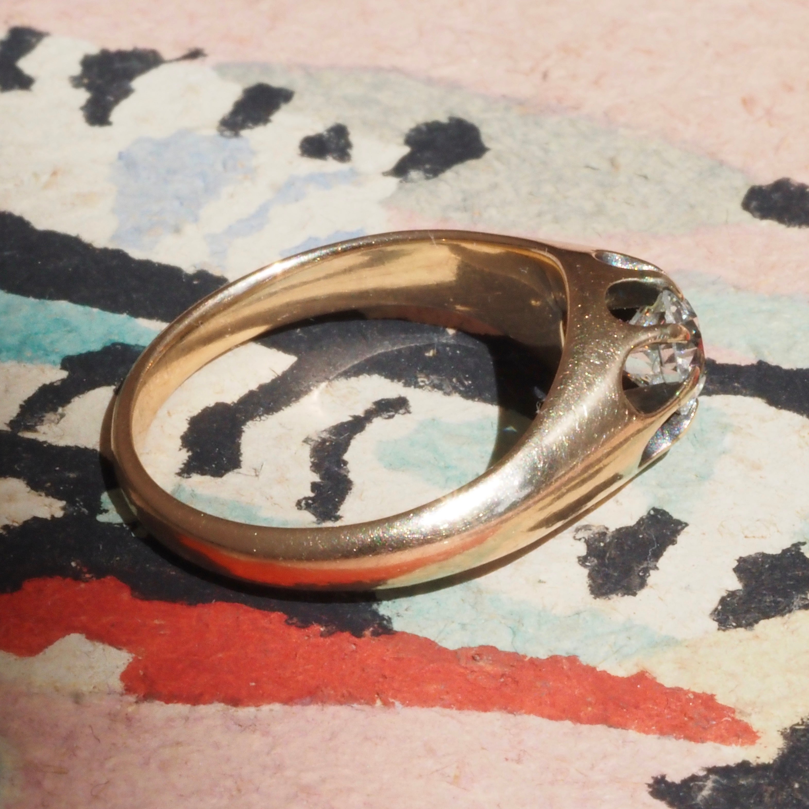 Antique Old European Cut Diamond Belcher Set 14k Gold Engagement Ring