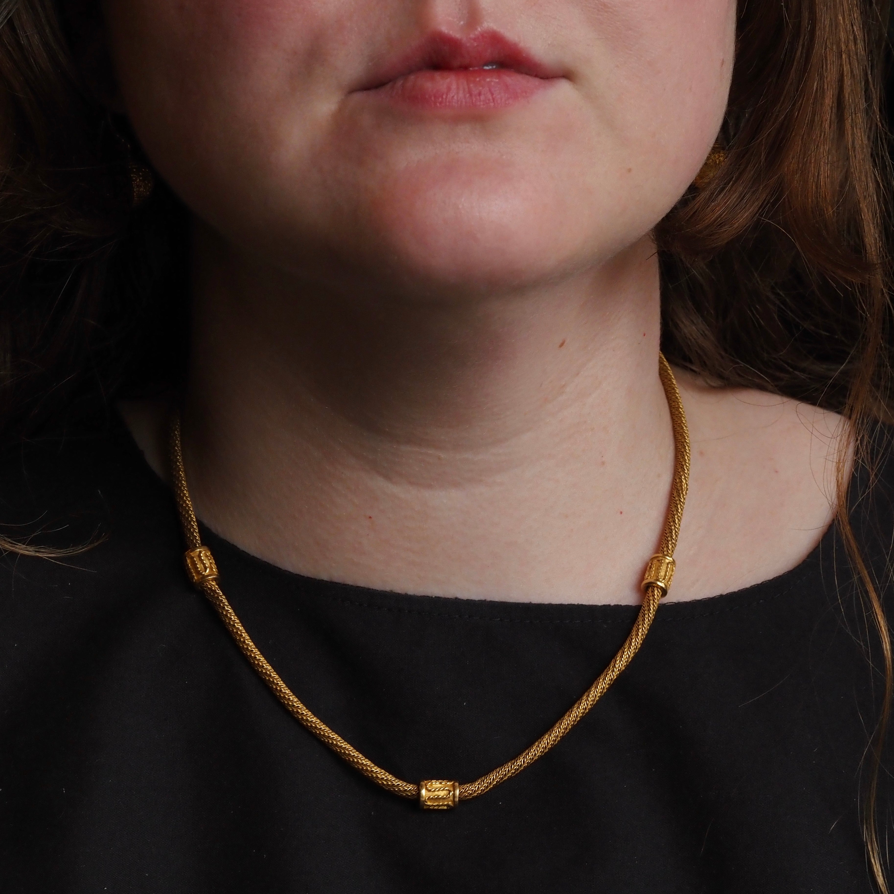 Portuguese 19k Gold Woven Ornate Beaded Vintage Station Necklace