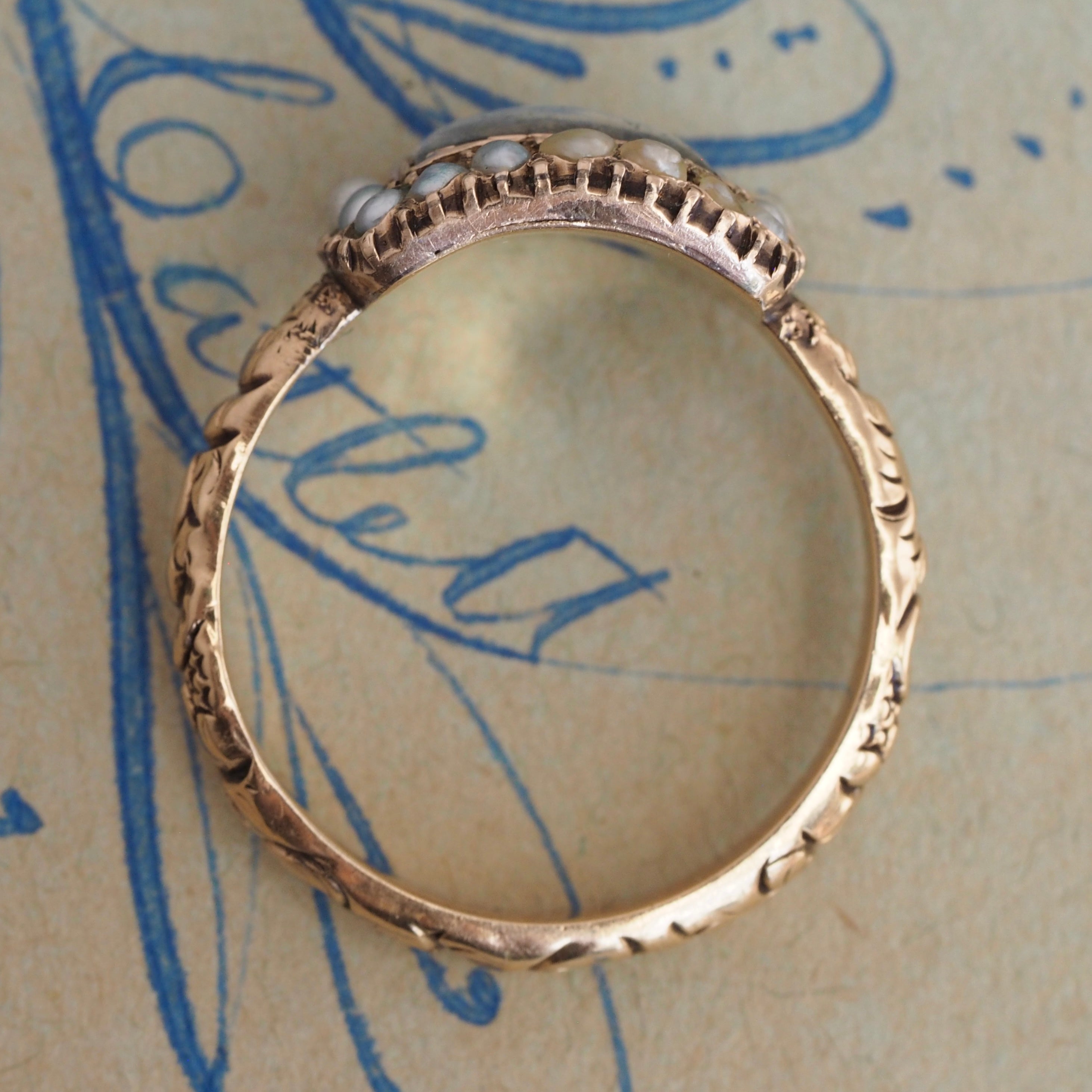 Antique Georgian 14k Gold Seed Pearl and Braided Hair Mourning Engraved Ring