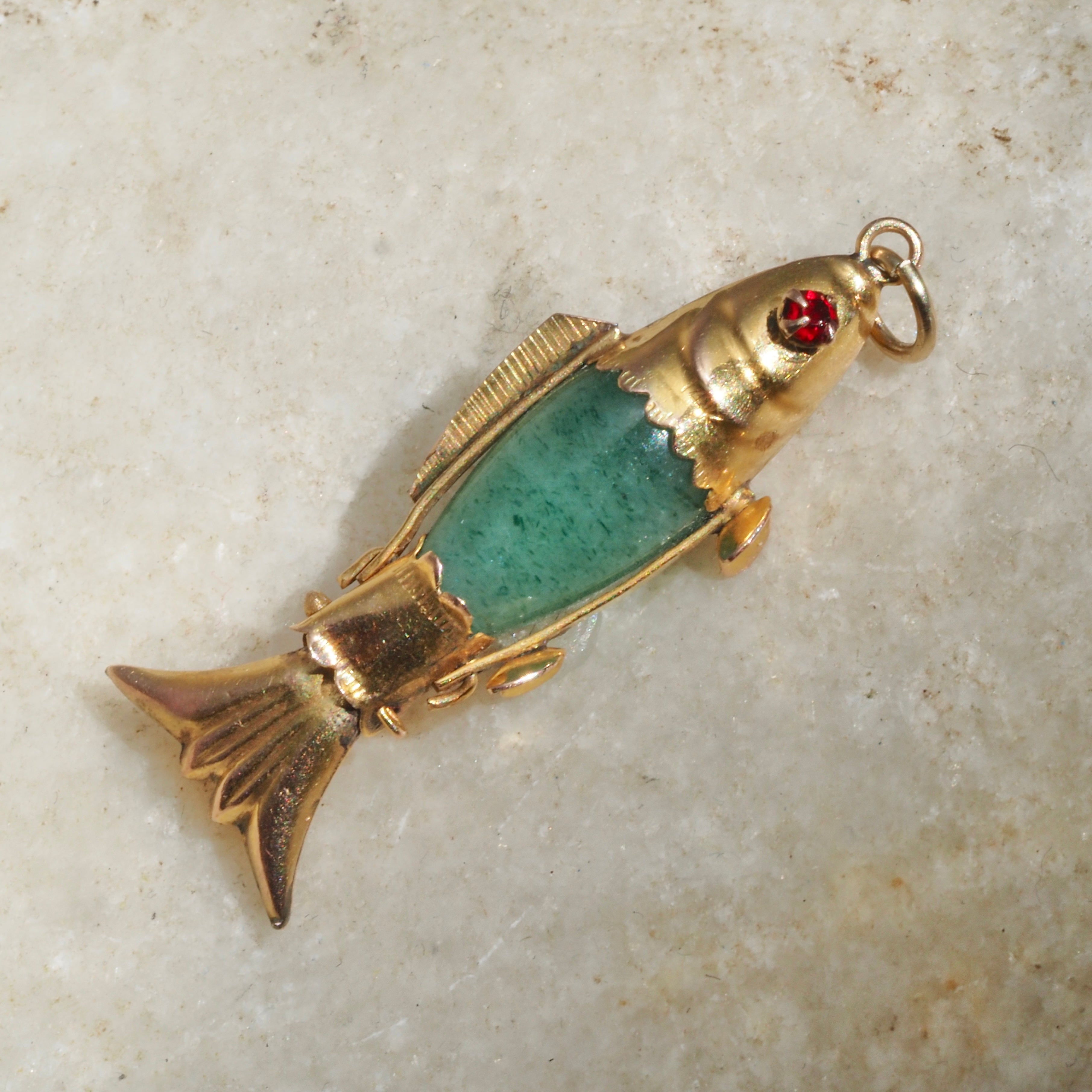 Vintage Jade Ruby Paste 14k Gold Articulated Fish Pendant