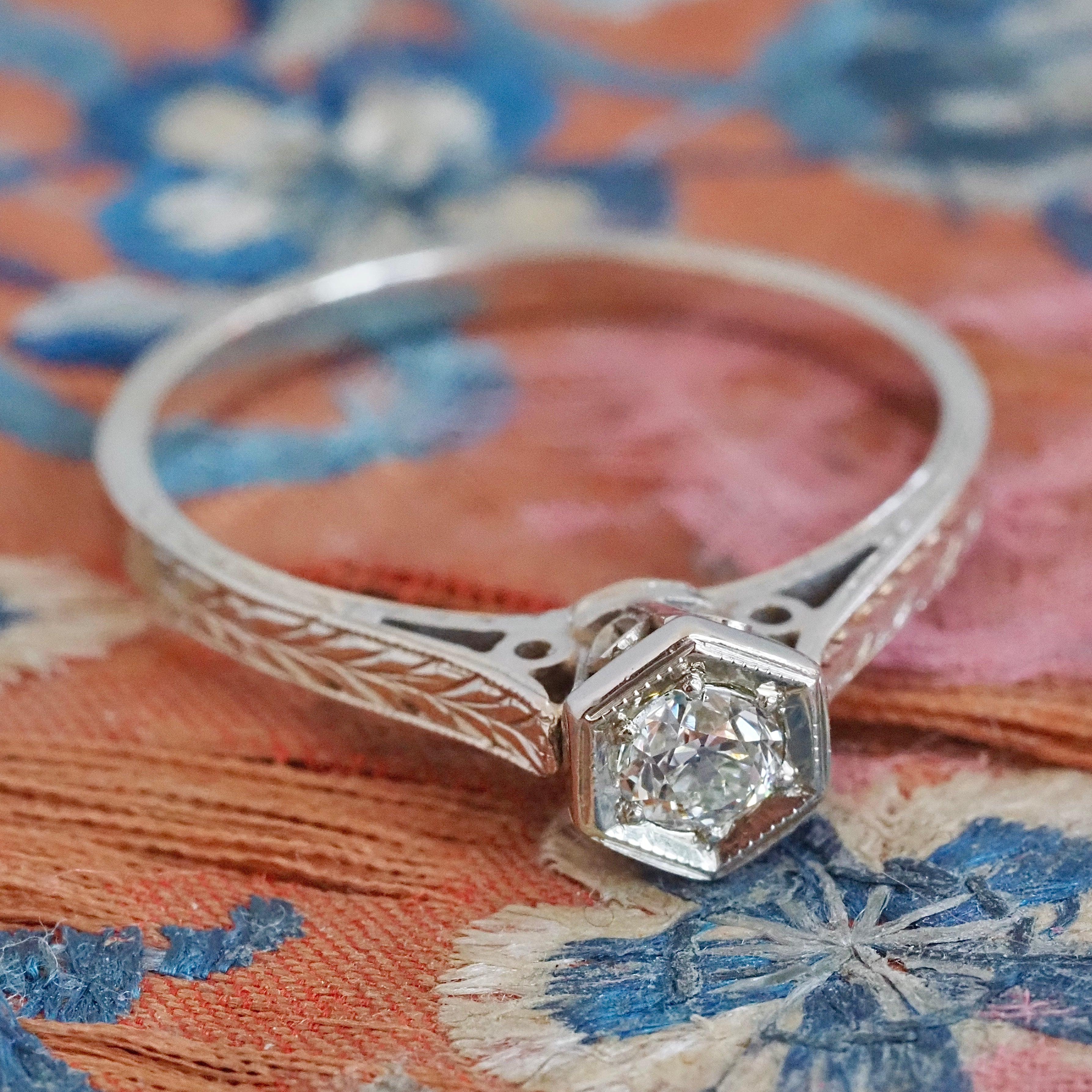 Antique Art Deco 14k White Gold Old European Cut Diamond Engagement Ring