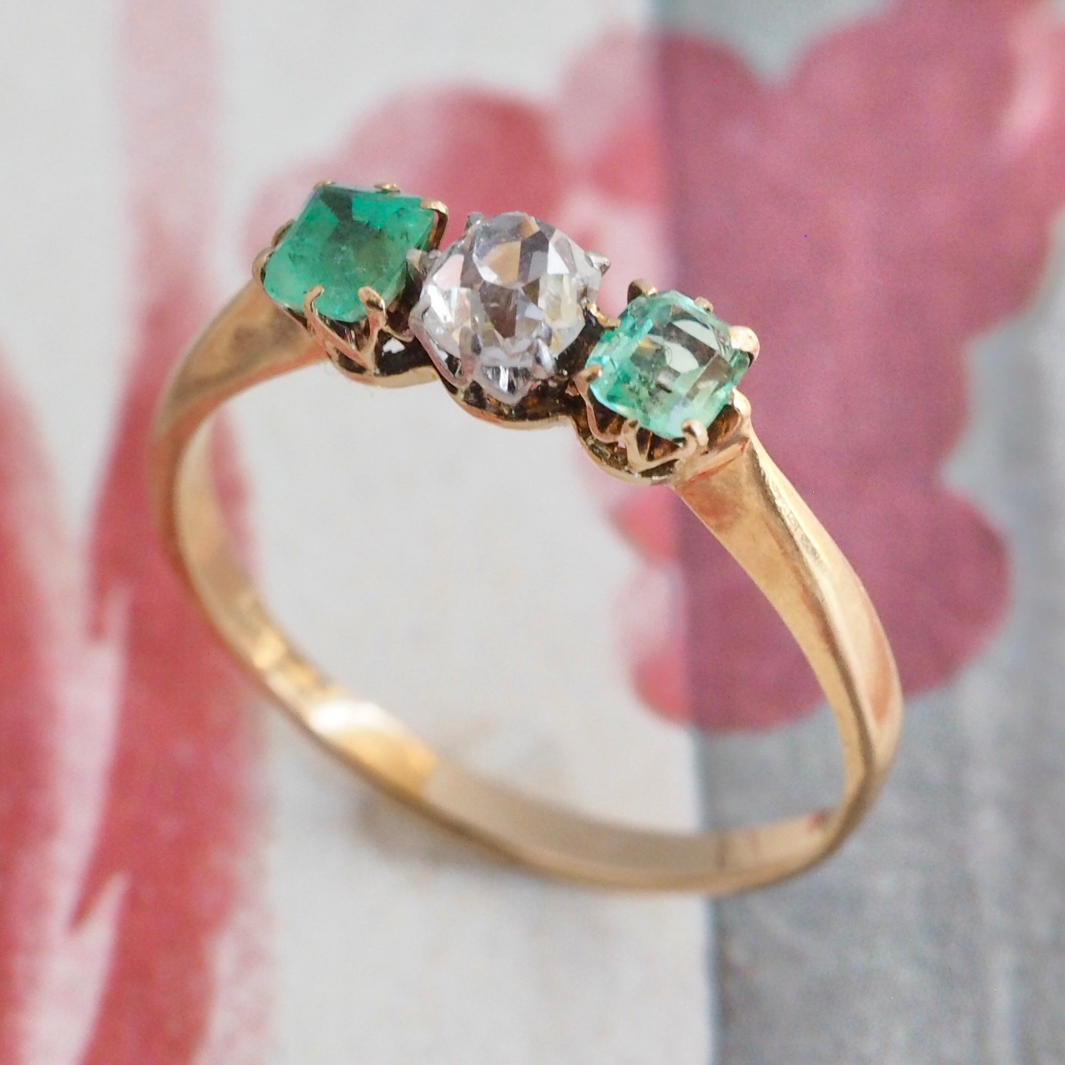 Antique Victorian 14k Gold Emerald and Old Mine Cut Diamond Trilogy Ring