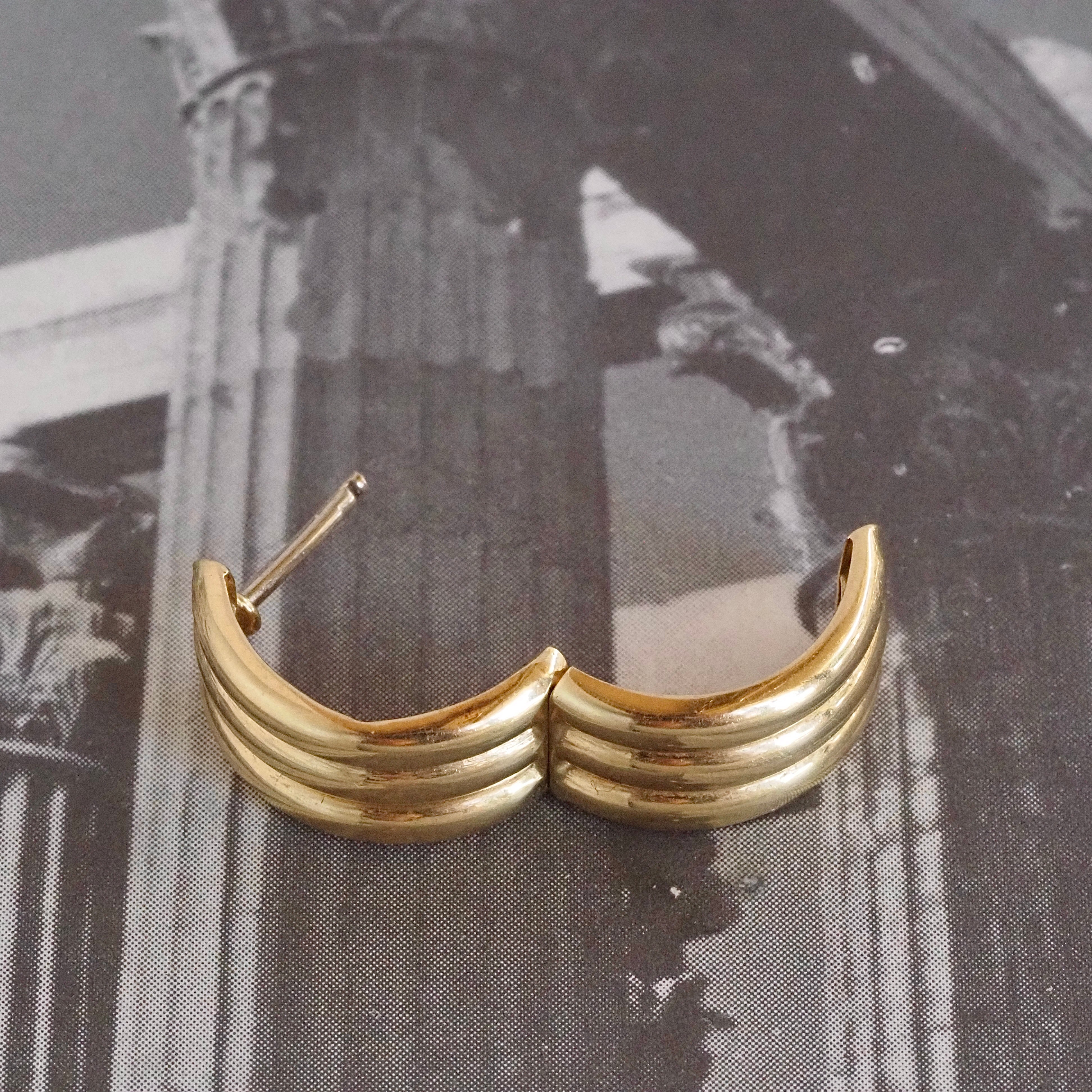 Vintage Triple Ridge Hinged Huggie 14k Gold Hoops