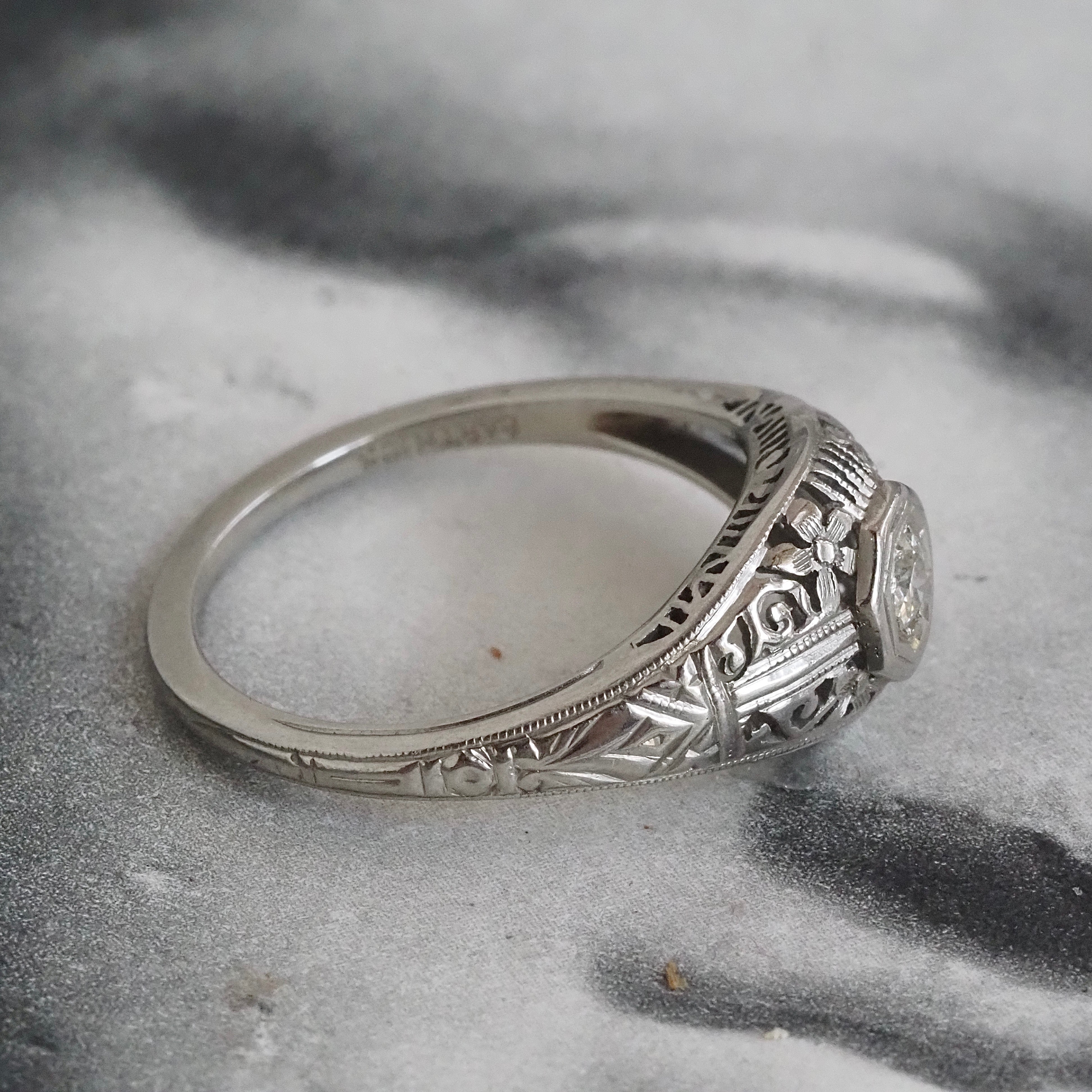 Antique Art Deco Old European Cut Diamond Open Work 18k White Gold Ring