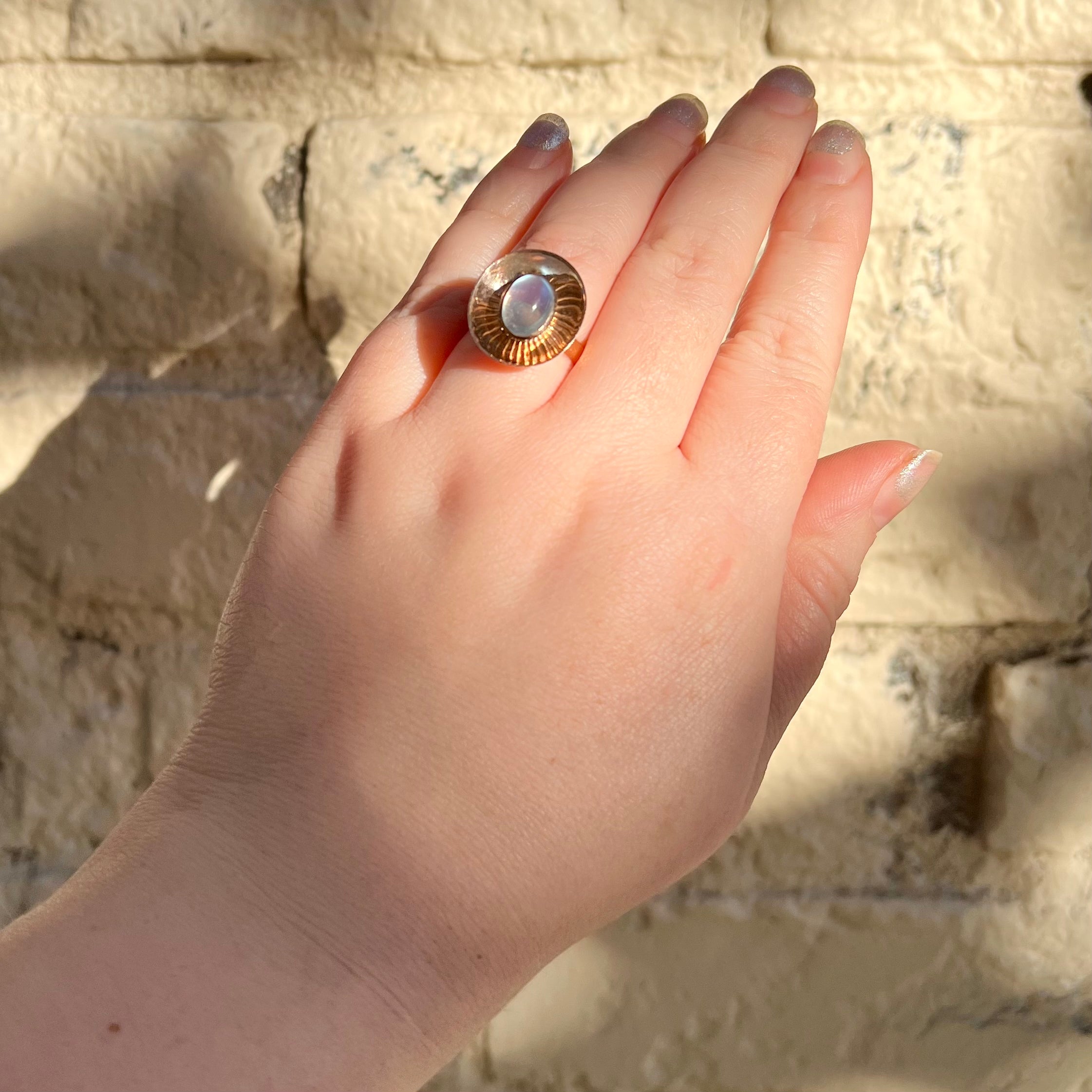 Midcentury Modern Mirrored 9k Gold Moonstone Ring