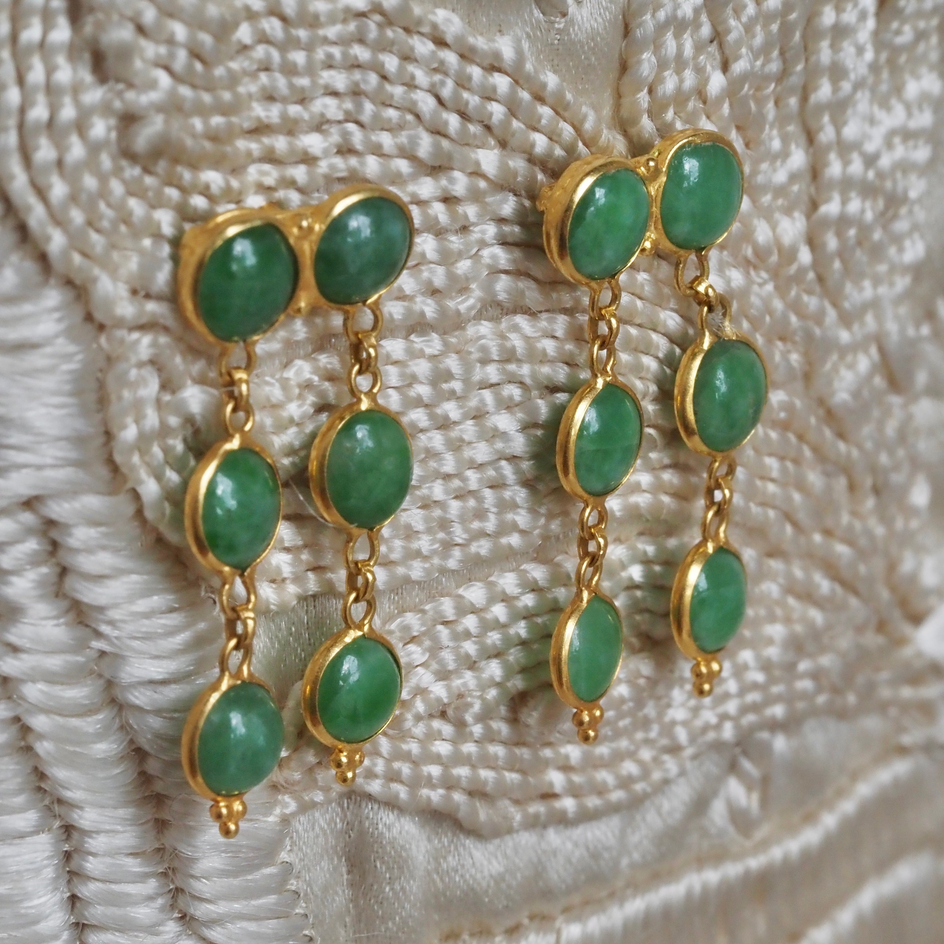 Vintage Ancient Style 22k Gold Jade Double Drop Earrings