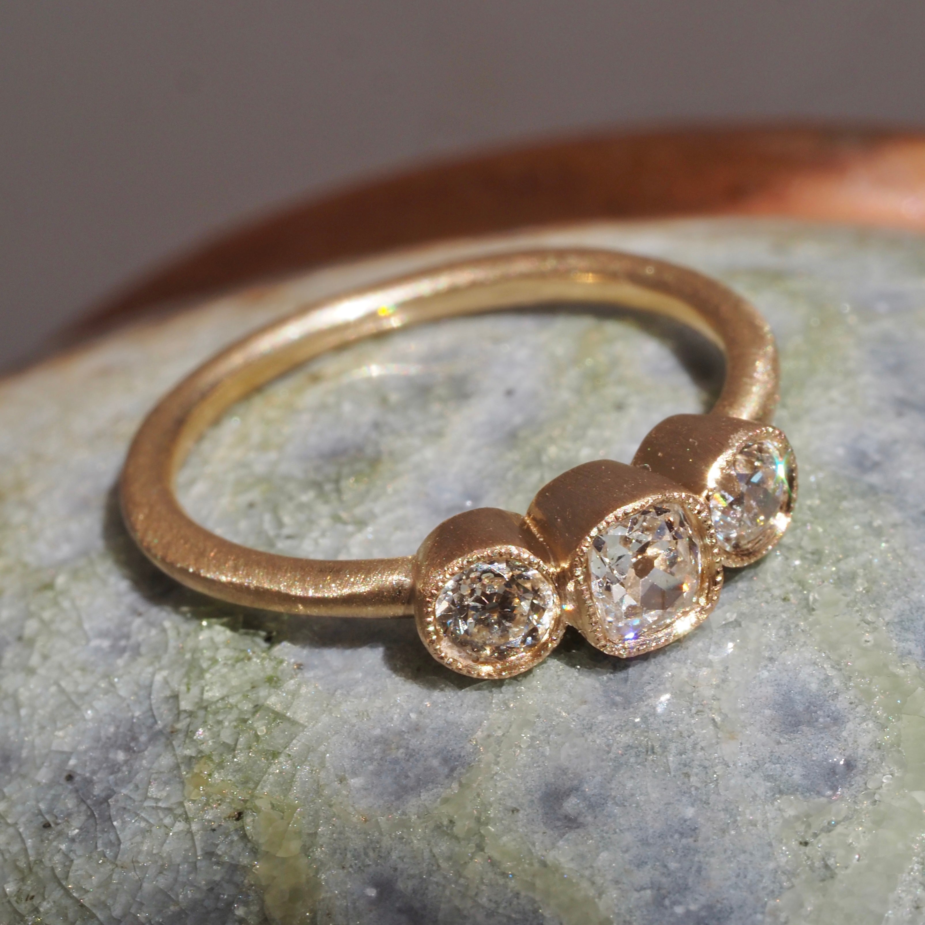 Old Mine Cut and Old European Cut Diamond Trilogy 14k Gold Engagement Ring