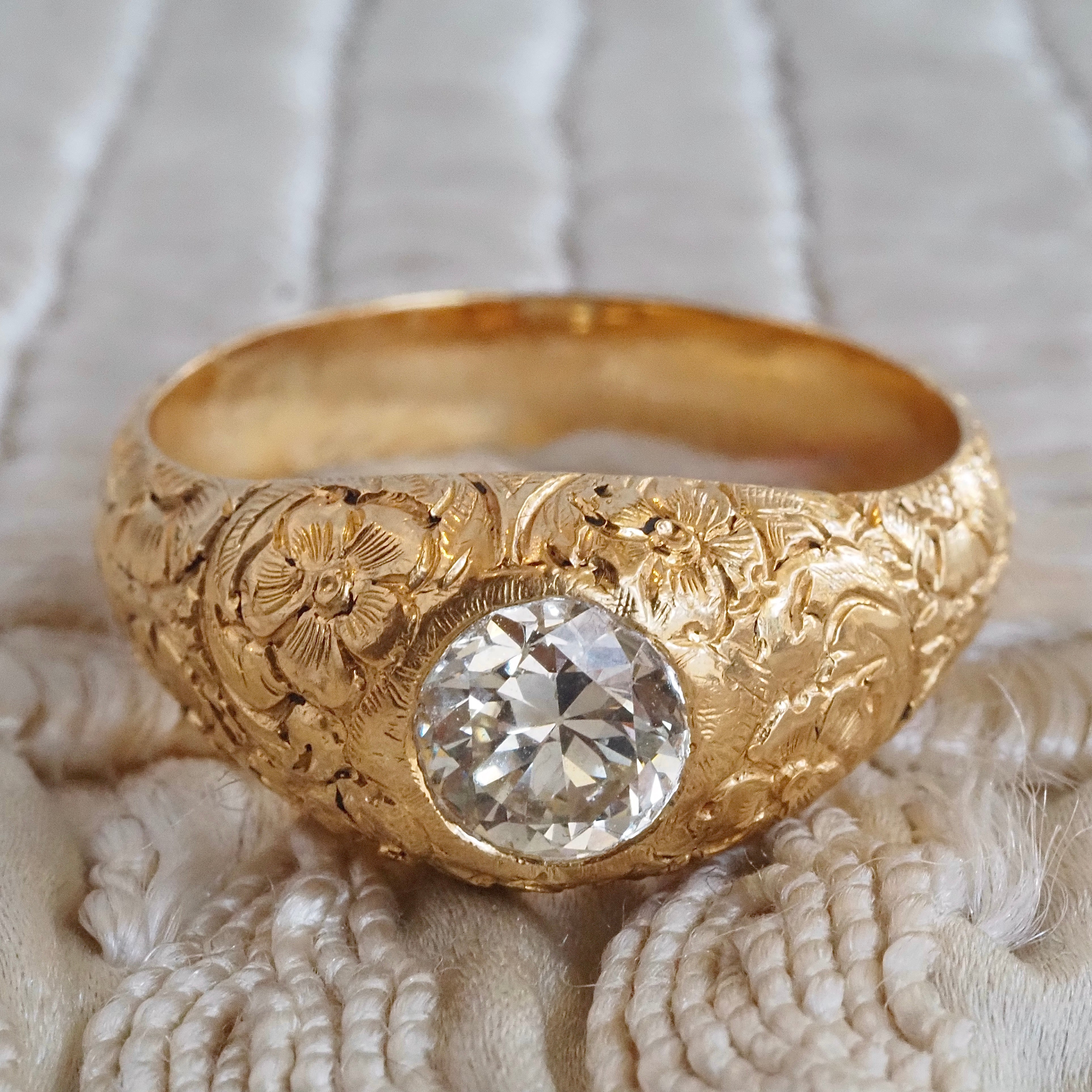 Vintage Portuguese Floral Engraved 19k Gold 1.26ct Old European Cut Diamond Ring