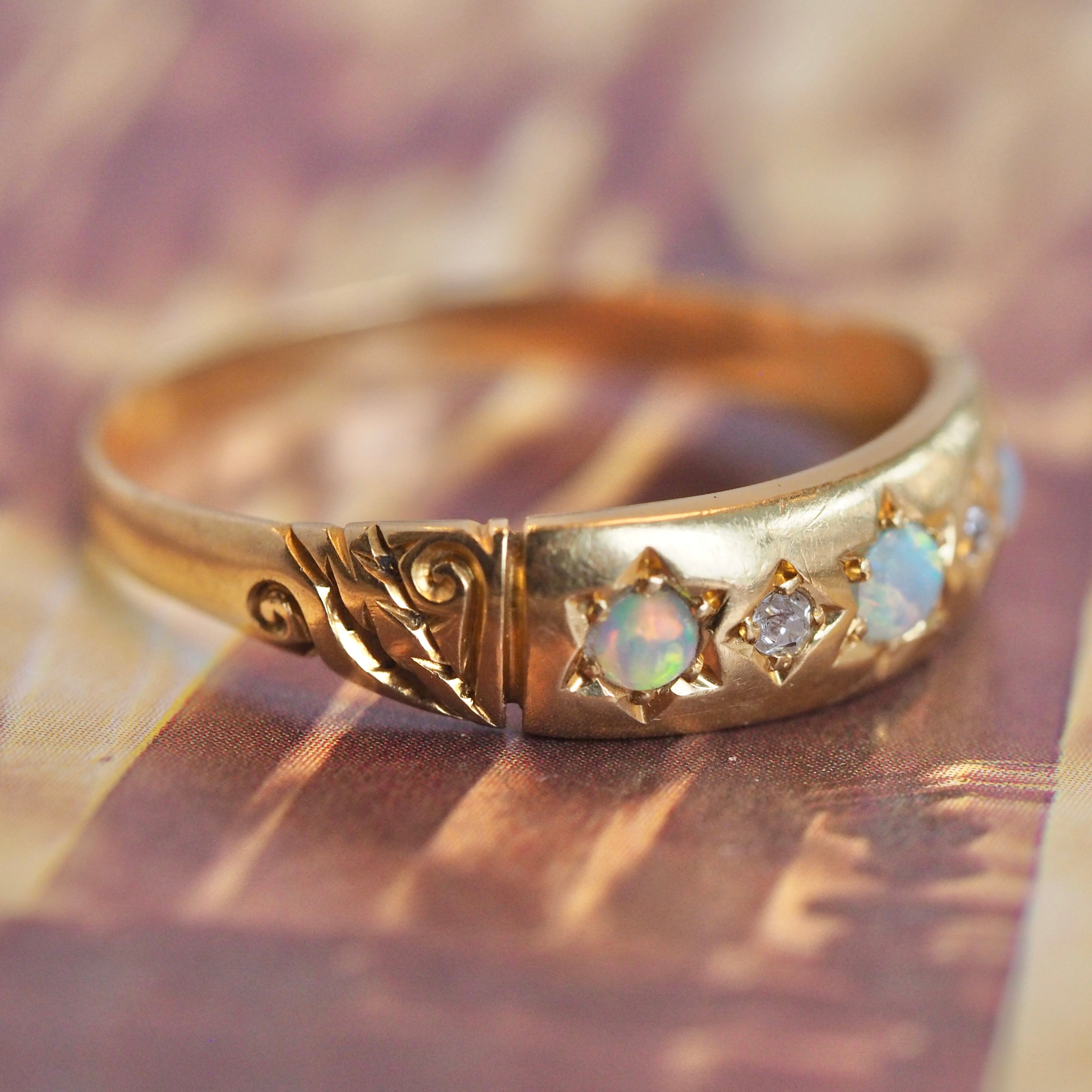 Antique Edwardian 18k Gold Opal and Diamond Starburst Fush Set Ring