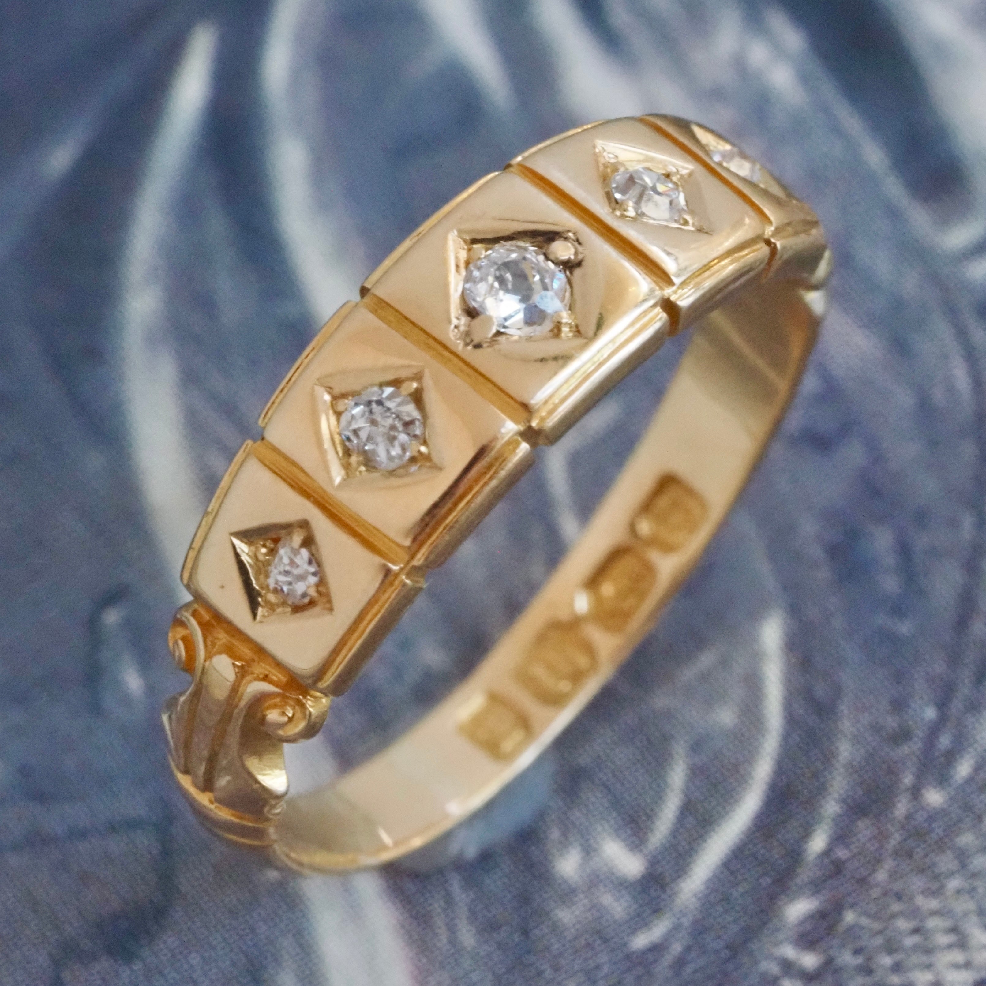 Antique c. 1890 English 18k Gold Flush Set Five Stone Diamond Ring