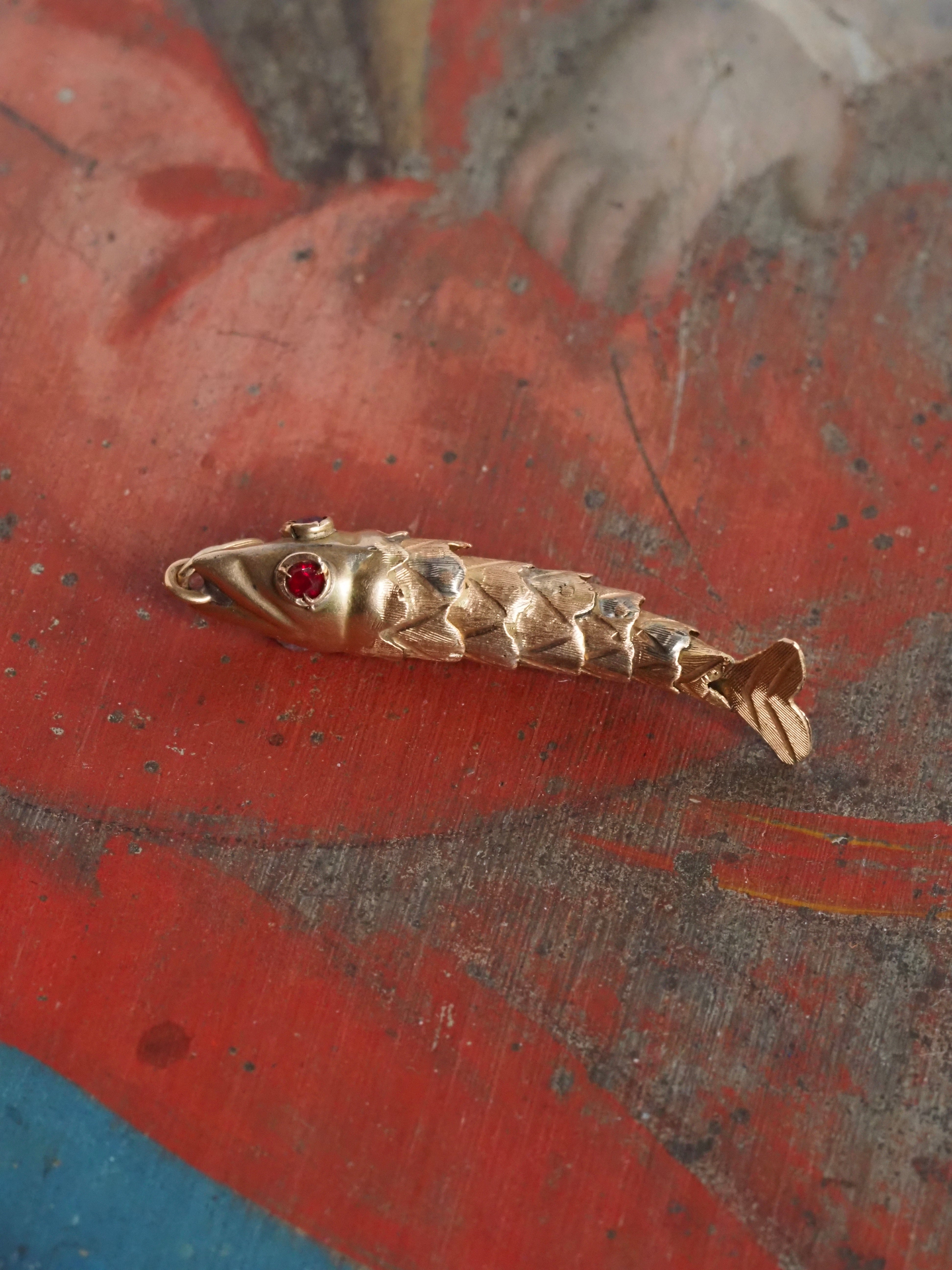 Vintage 14k Gold & Ruby Paste Articulated Fish Charm