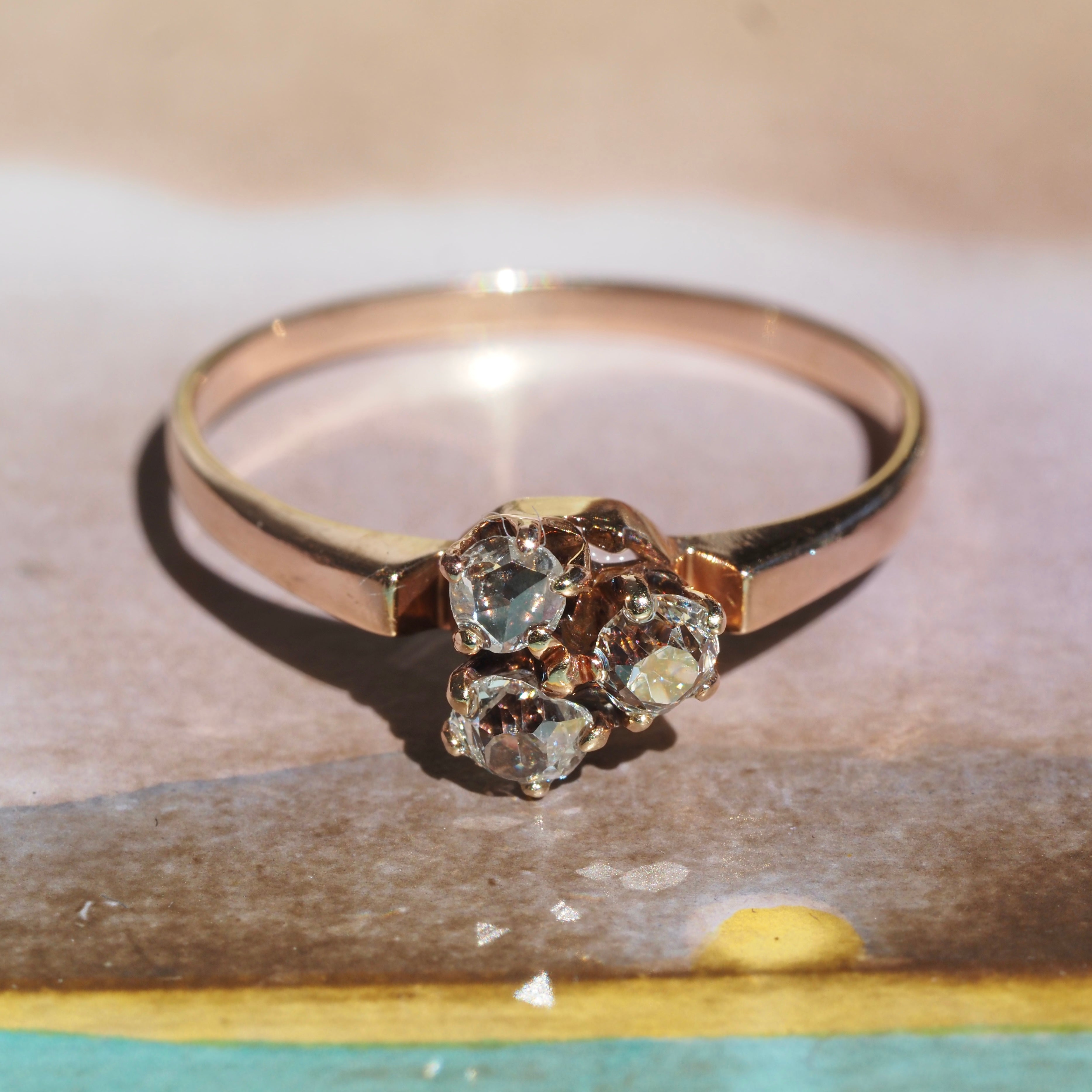 Antique Victorian Old Mine Cut and Rose Cut Diamond Trio 10K Ring