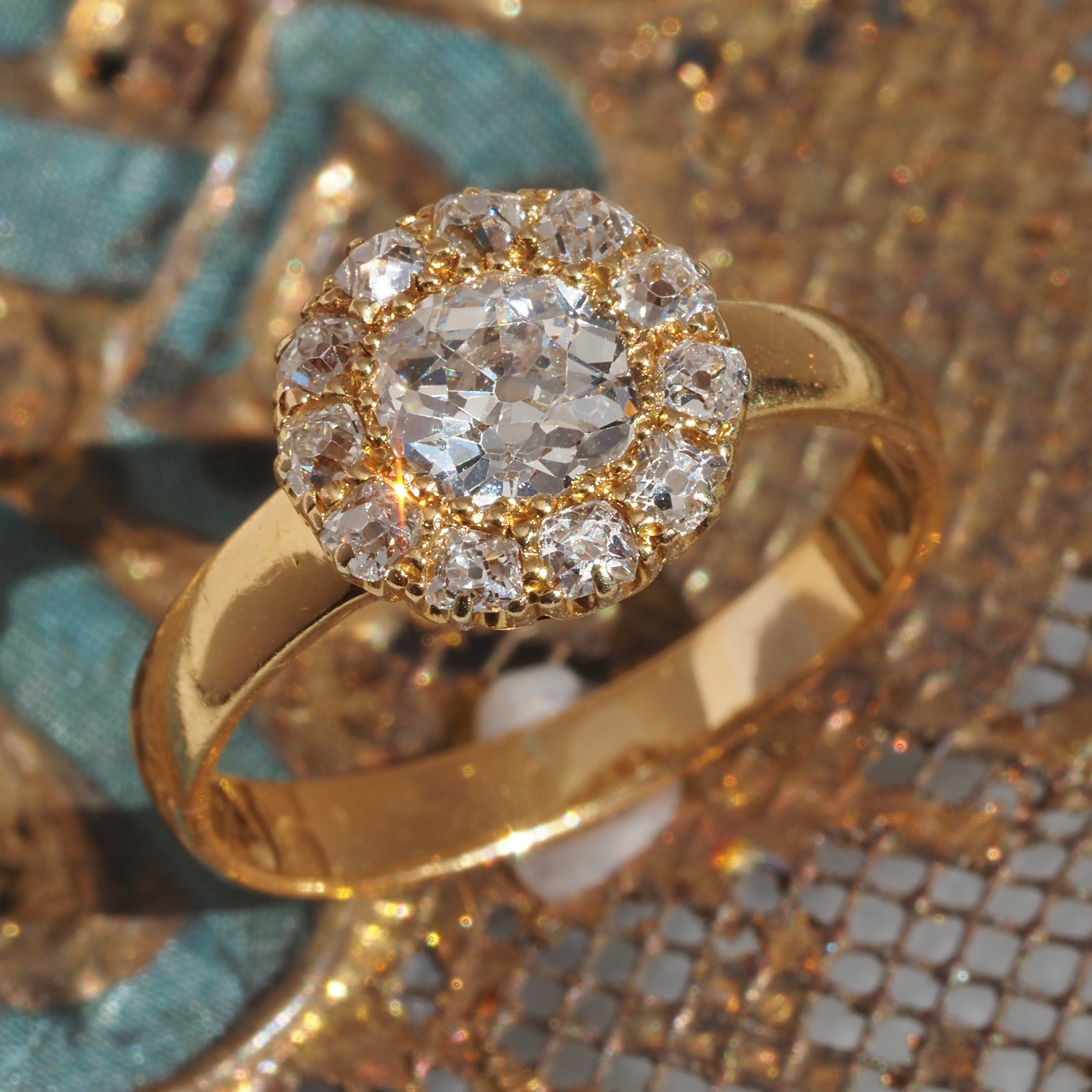 Antique Victorian Old Mine Cut Diamond Cluster 18k and 22k Gold Engagement Ring