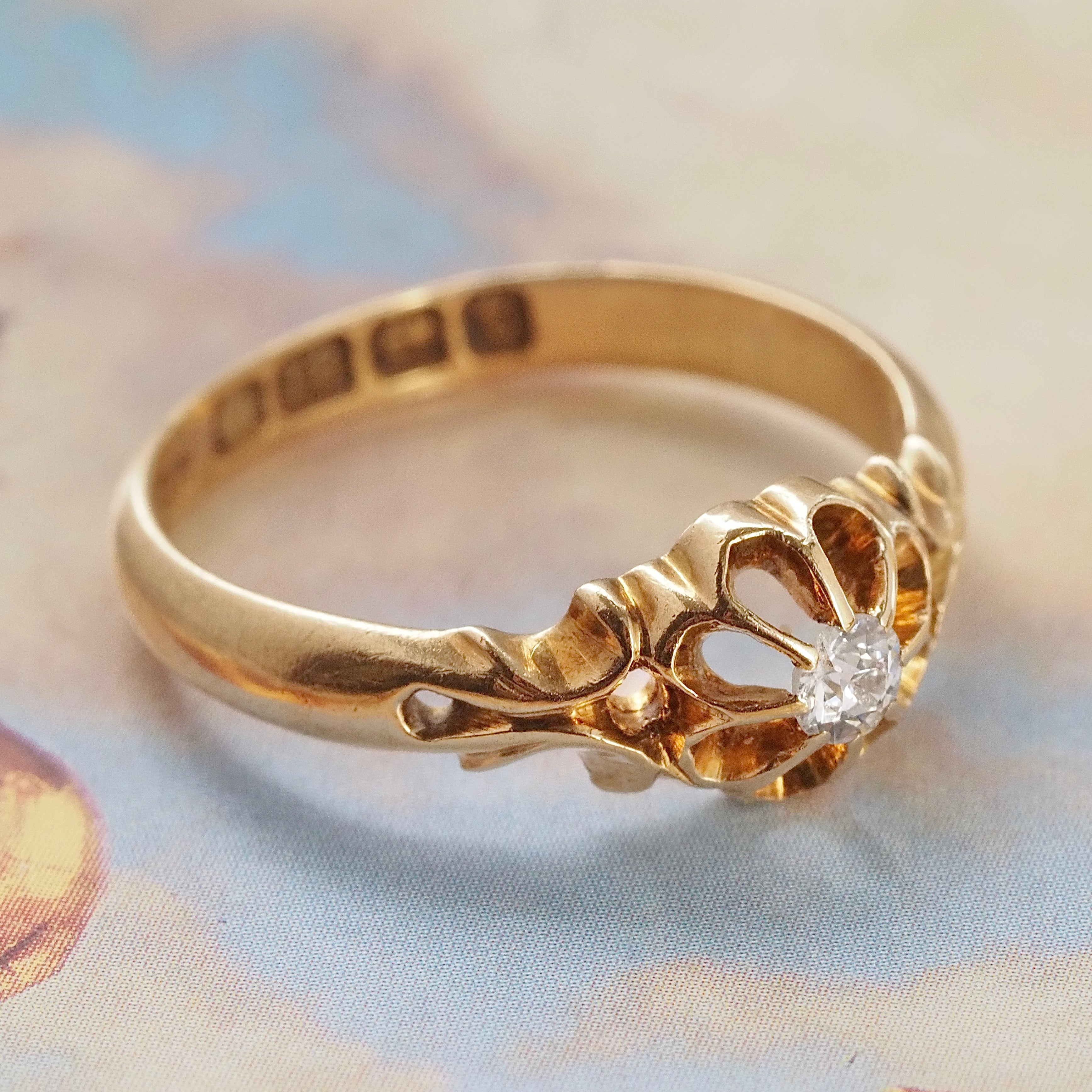 Antique English c. 1918 Old Mine Cut Diamond Belcher Set 18k Gold Engagement Ring
