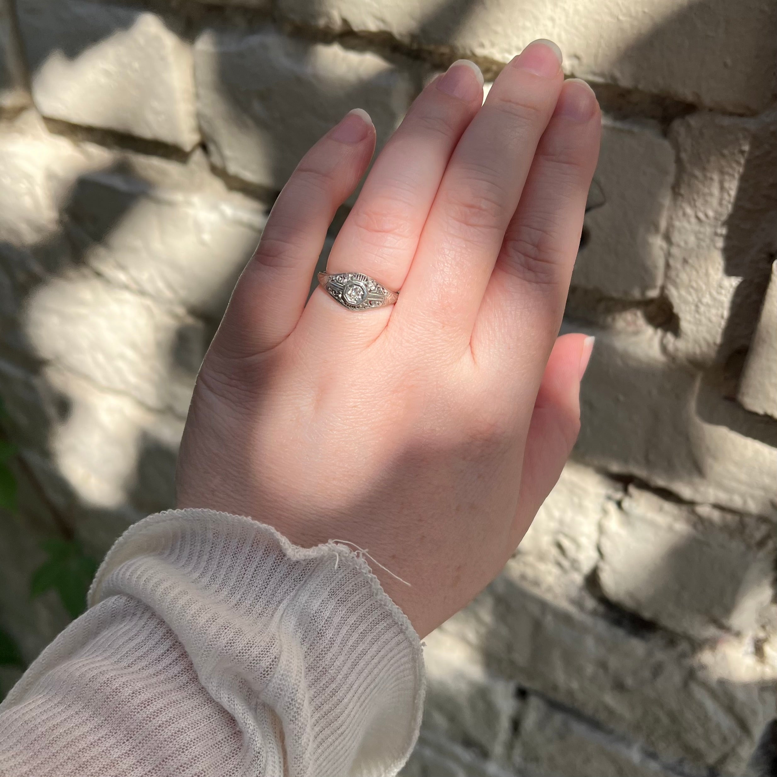Antique Art Deco Old European Cut Diamond Open Work 18k White Gold Ring