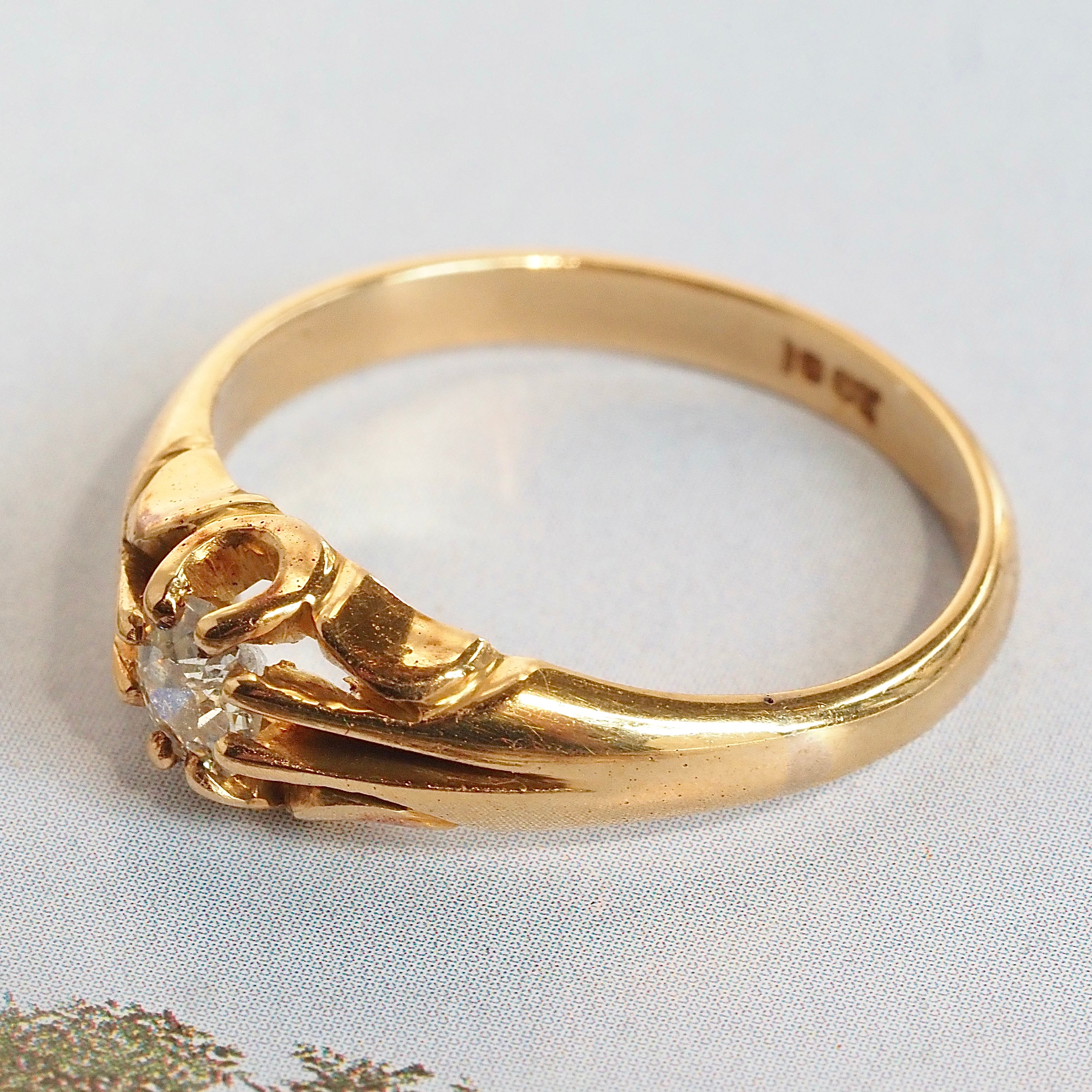 Antique Victorian English 18k Gold Old Mine Cut Diamond Belcher Engagement Ring