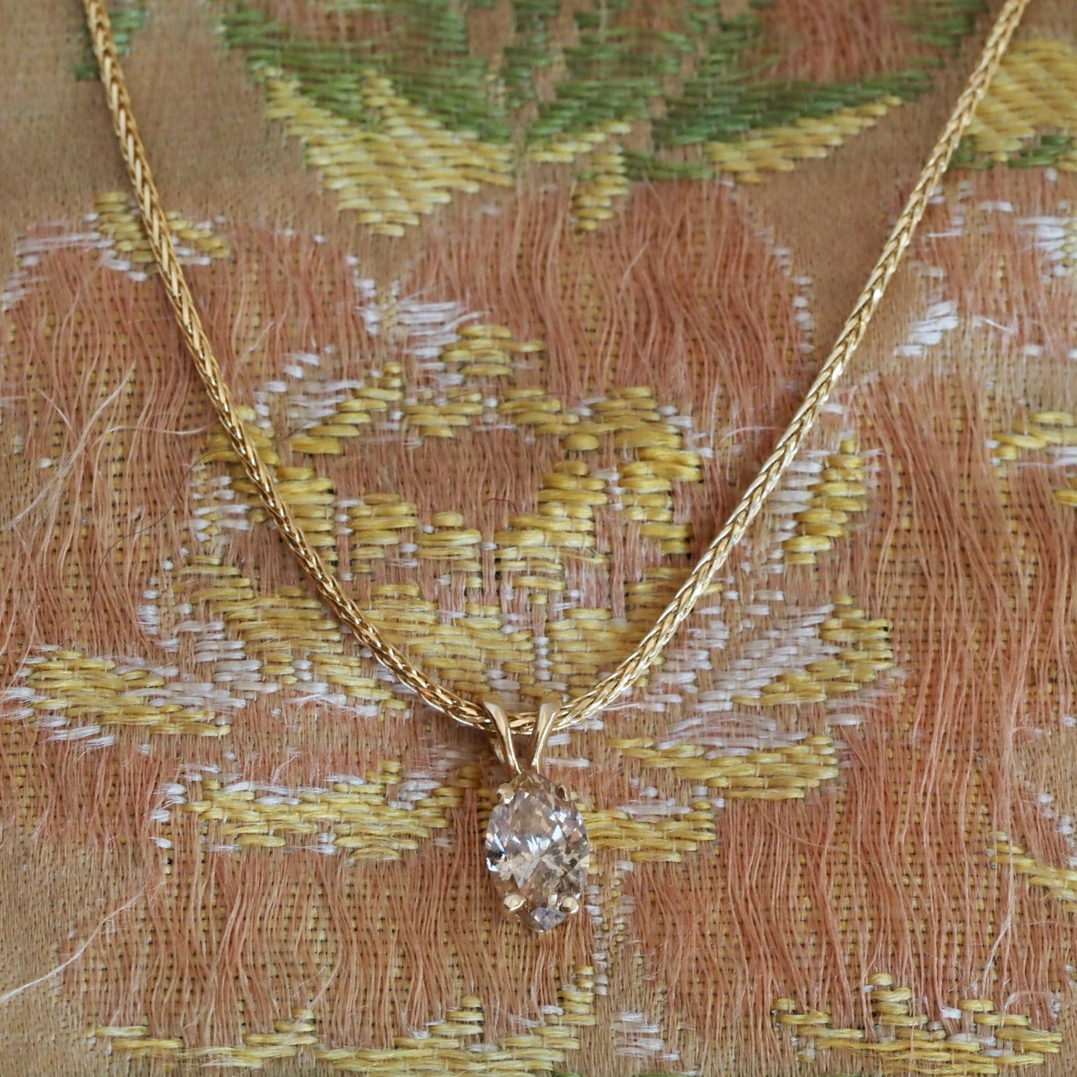 Vintage Light Brown Marquise Cut Diamond in 14k Gold on 14k Gold Wheat Chain
