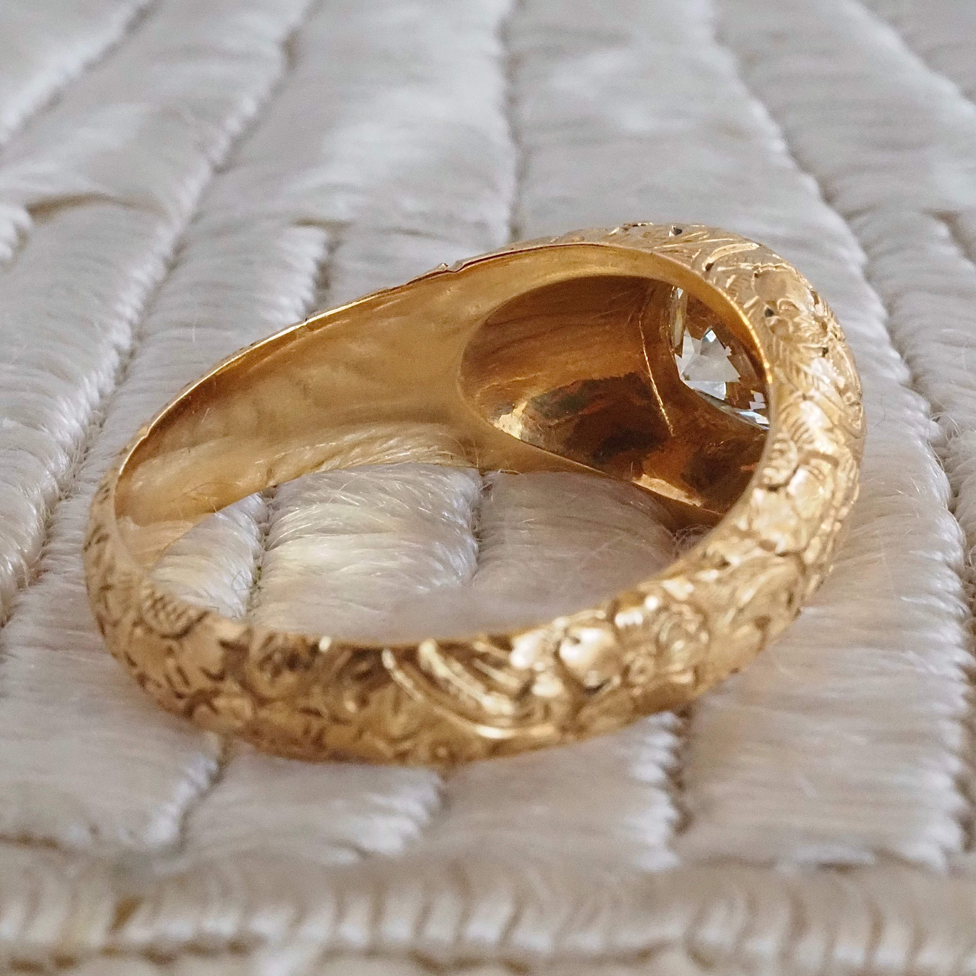 Vintage Portuguese Floral Engraved 19k Gold Old European Cut Diamond Ring