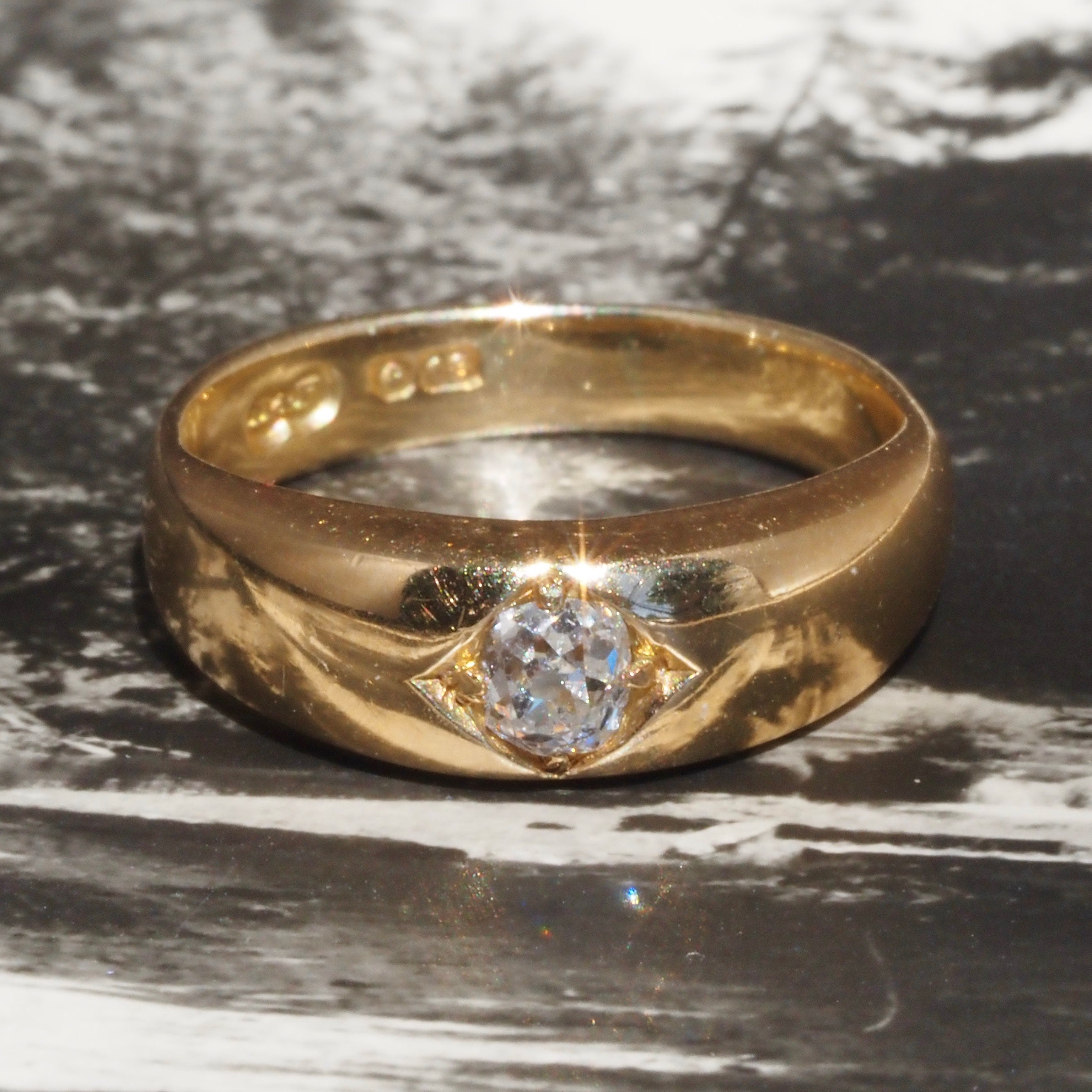 Antique English Cushion Old Mine Cut Diamond Flush Set 18k Gold Engagement Ring