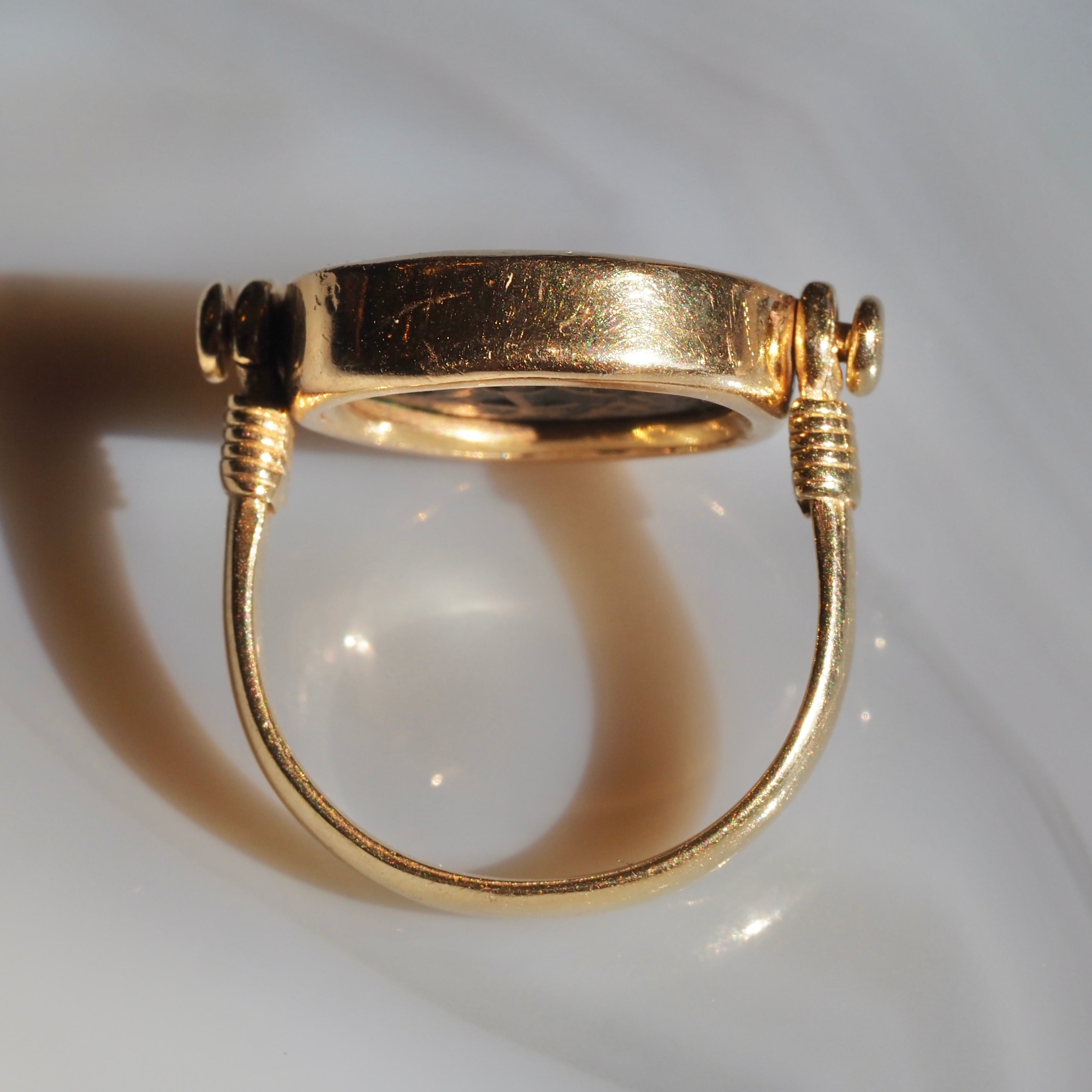 Ancient Roman Widow's Mite Coin Set in Vintage 14k Gold Flip Ring