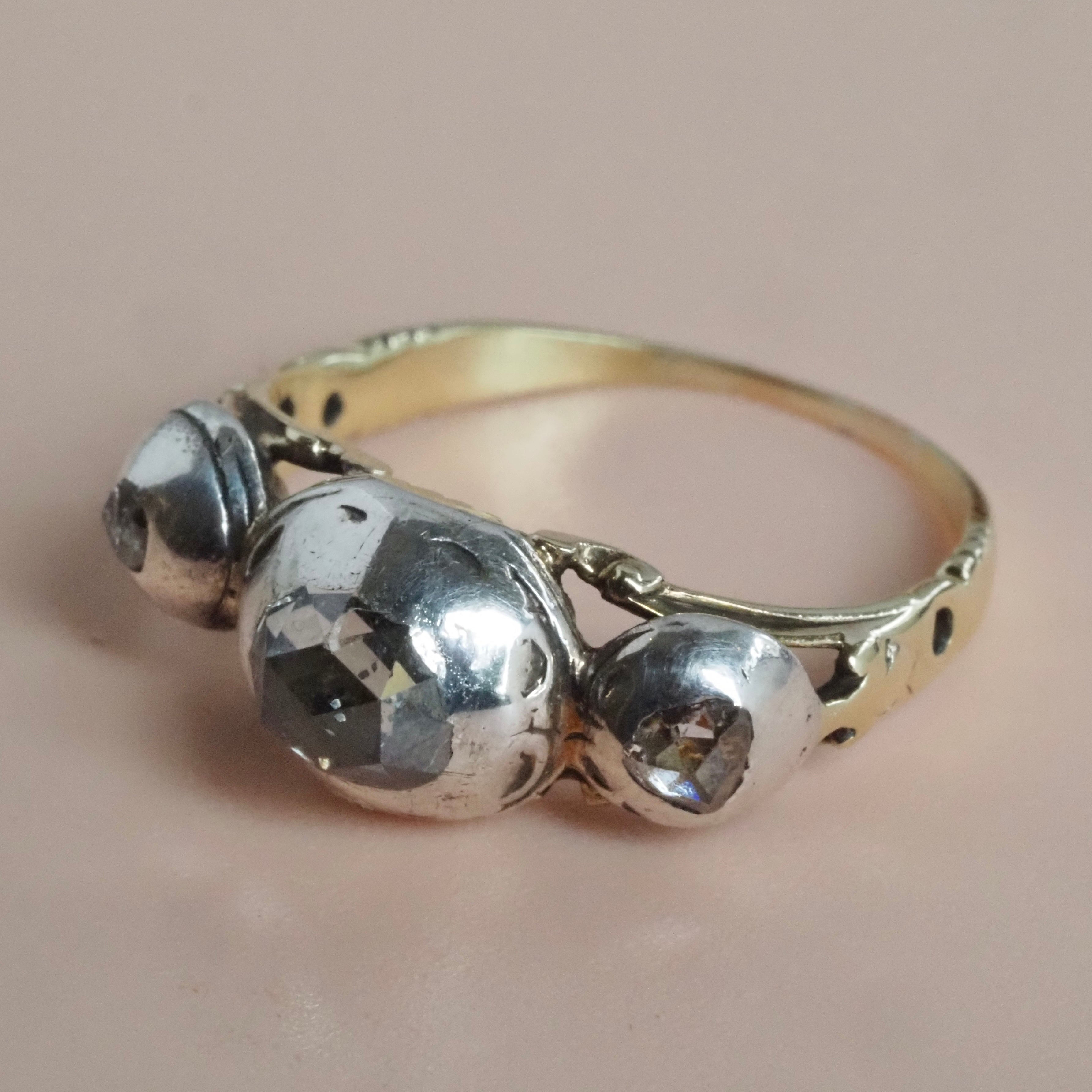 Antique Early 18th Century Georgian Dutch Cut Rose Cut Diamond 18k Gold and Sterling Silver Trilogy Ring