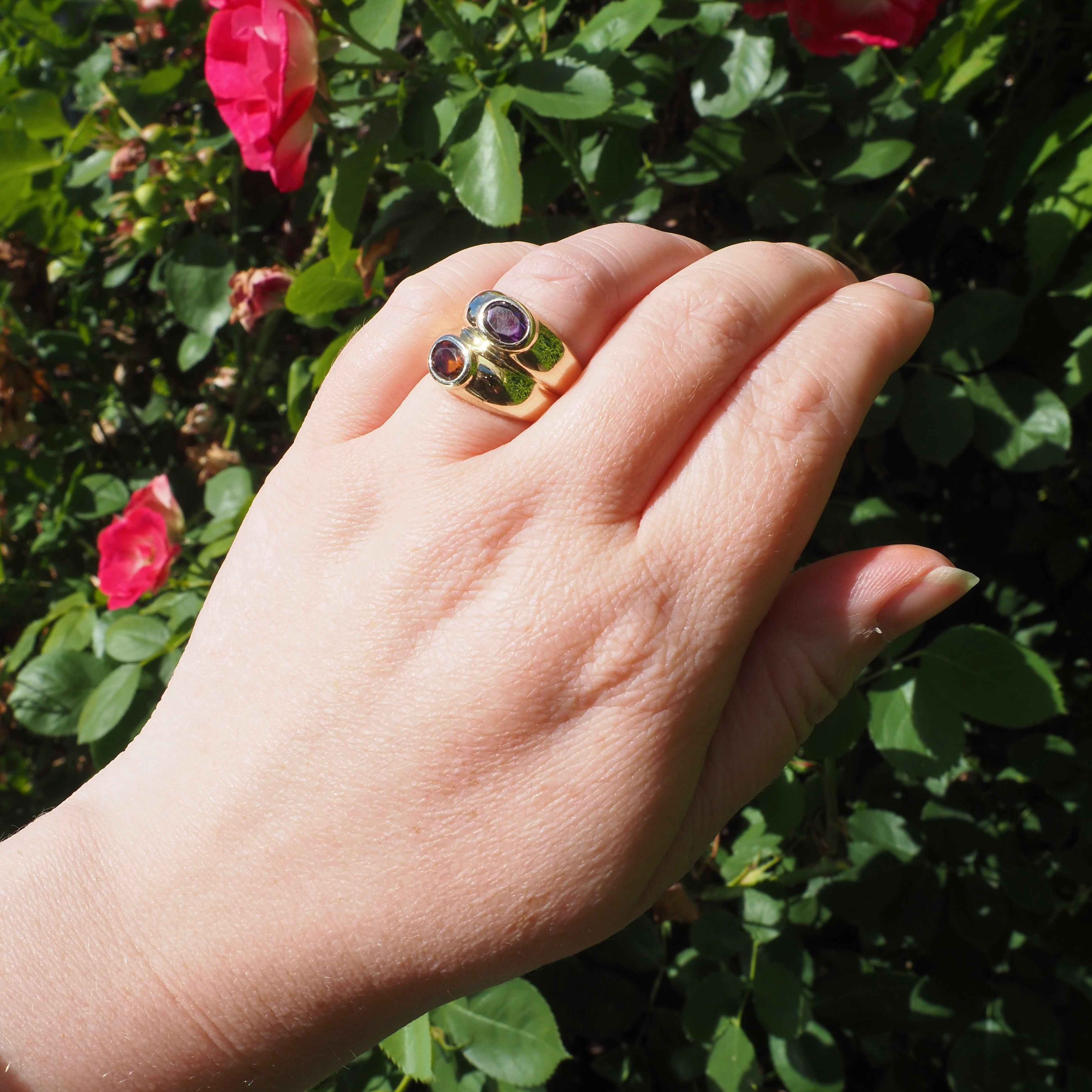 Vintage Citrine and Amethyst Double Dome Bezel Set 14k Gold Ring