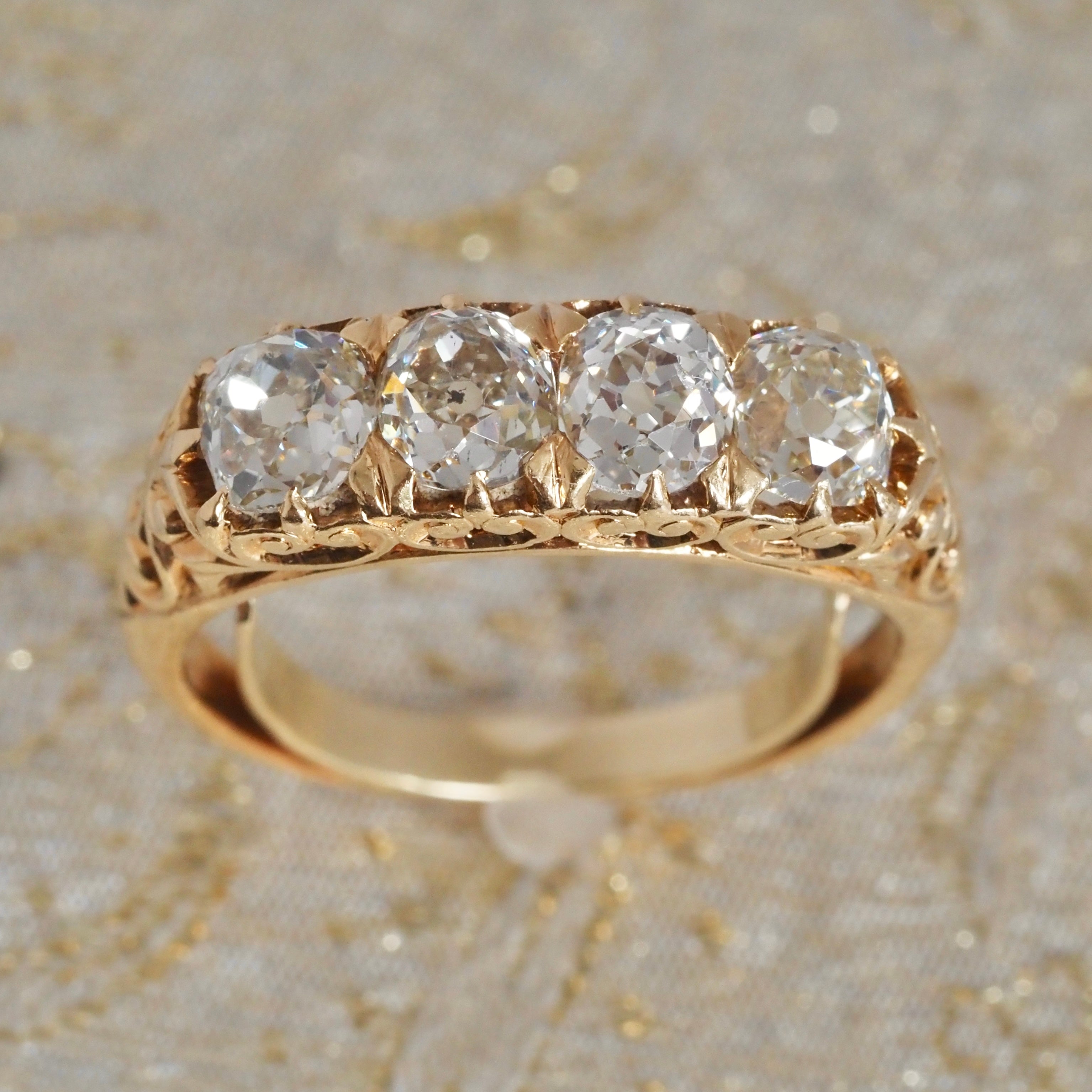 Antique Old Mine Cut Diamond 18k Gold Half Hoop Engagement Ring